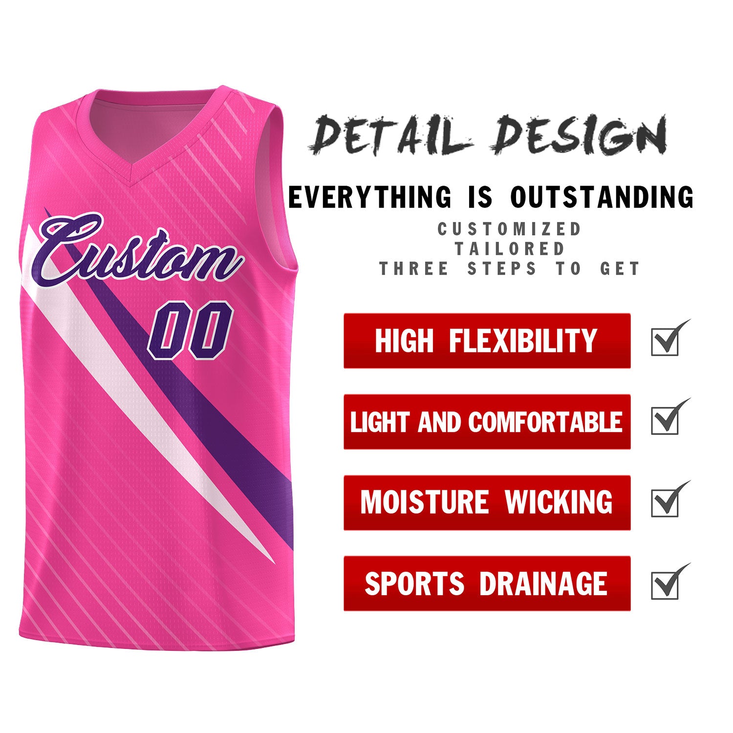 Custom Pink Diagonal Pinstripe Pattern Color Block Sports Uniform Basketball Jersey