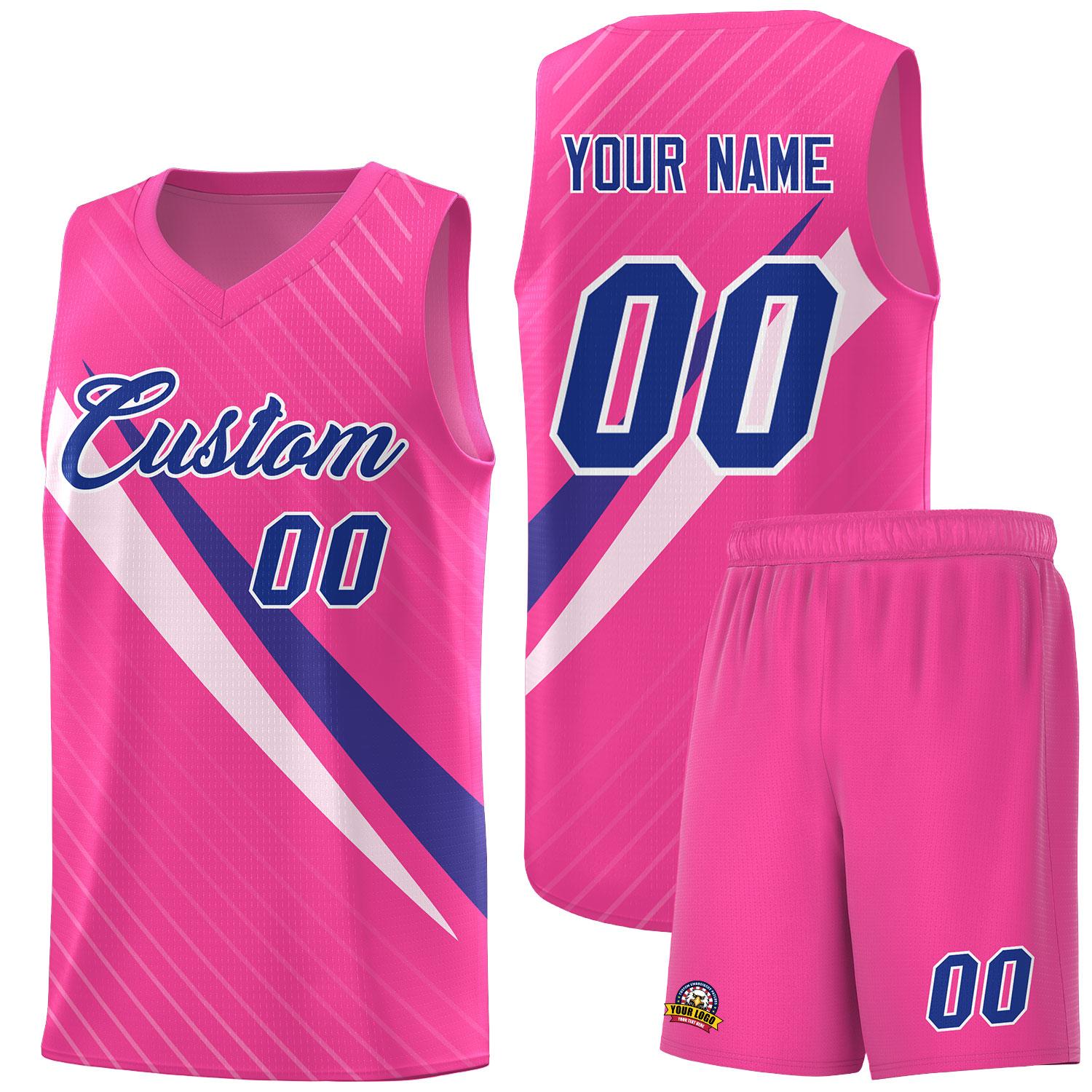 Custom Pink Diagonal Pinstripe Pattern Color Block Sports Uniform Basketball Jersey