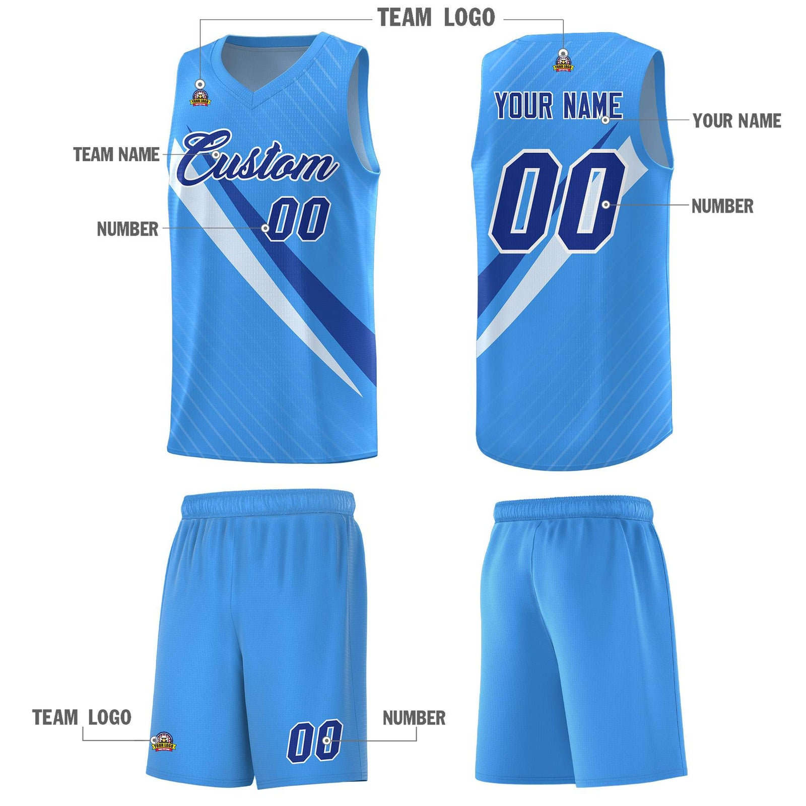 Custom Light Blue Diagonal Pinstripe Pattern Color Block Sports Uniform Basketball Jersey