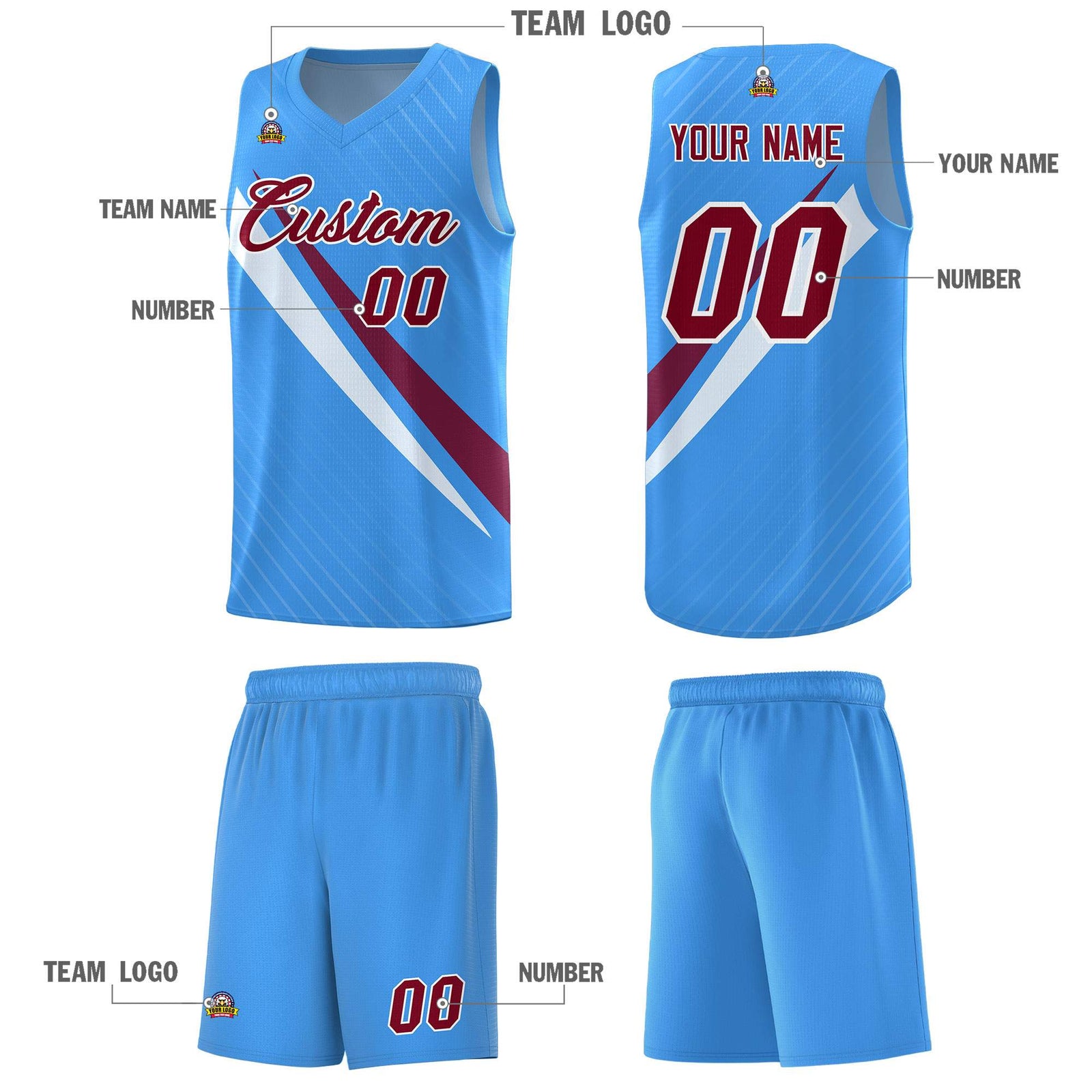 Custom Light Blue Diagonal Pinstripe Pattern Color Block Sports Uniform Basketball Jersey
