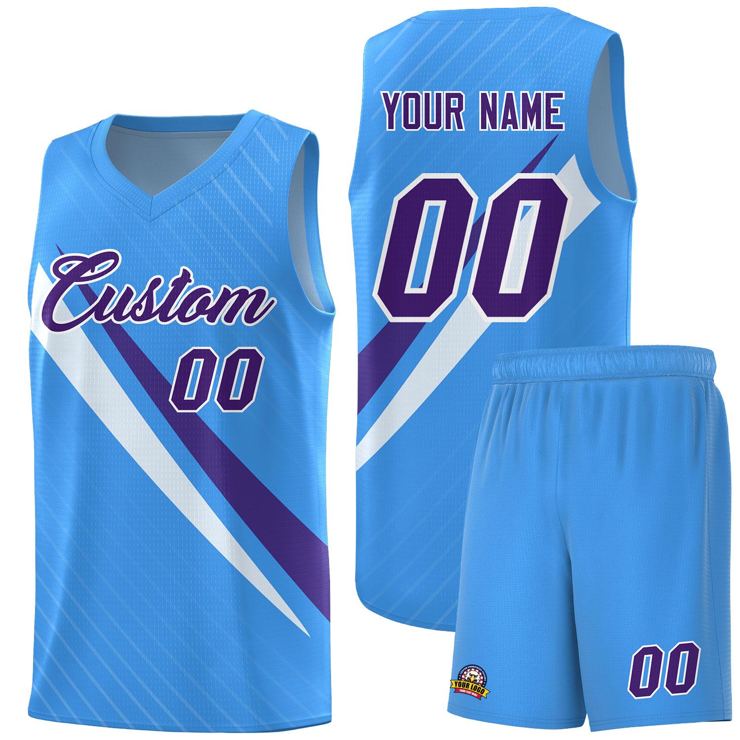 Custom Light Blue Diagonal Pinstripe Pattern Color Block Sports Uniform Basketball Jersey