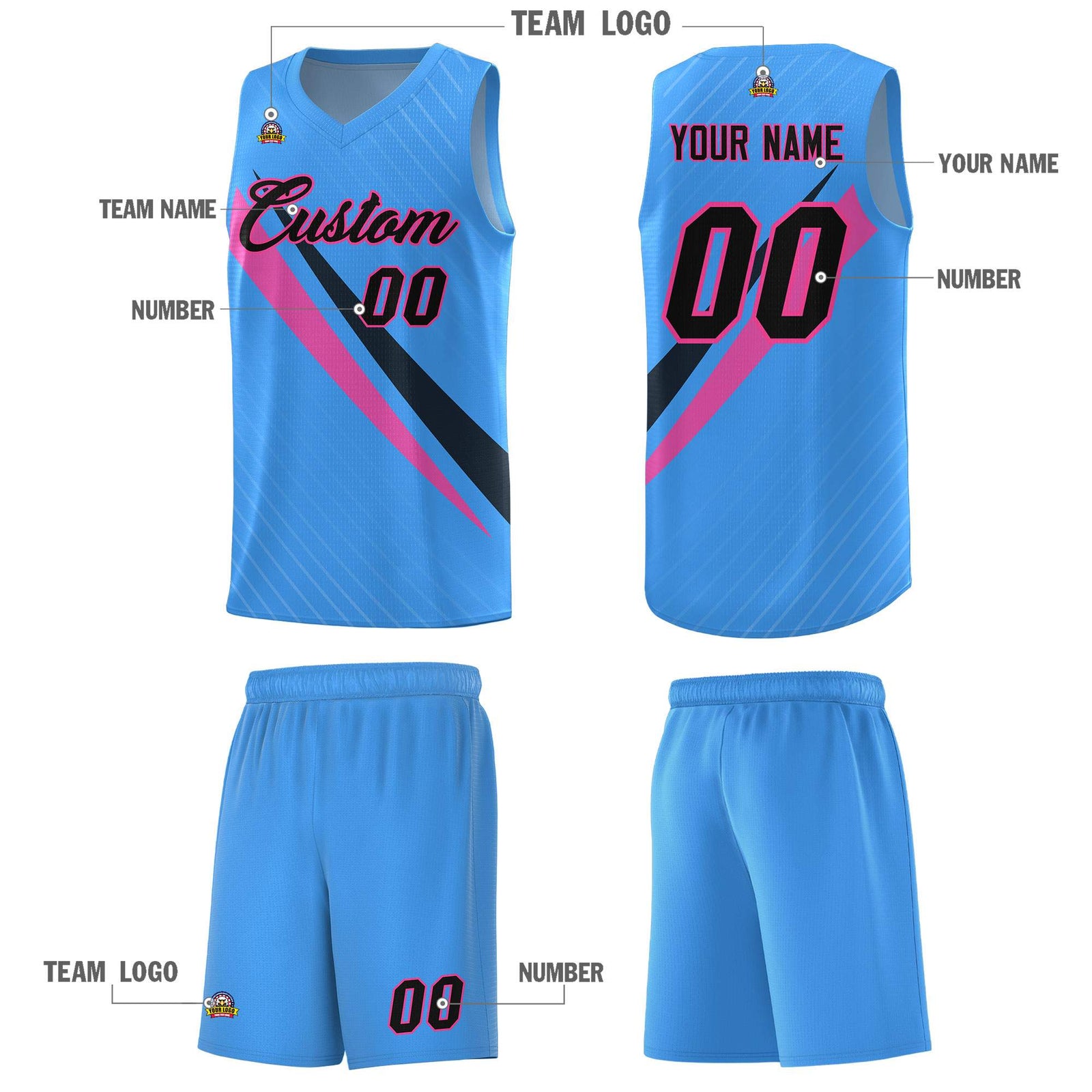 Custom Light Blue Diagonal Pinstripe Pattern Color Block Sports Uniform Basketball Jersey