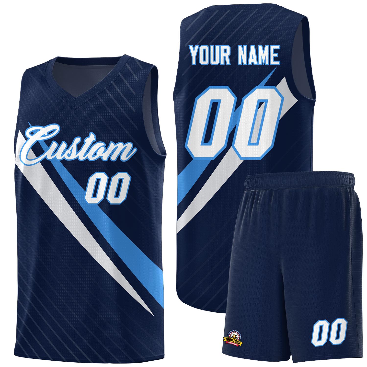 Custom Navy Diagonal Pinstripe Pattern Color Block Sports Uniform Basketball Jersey