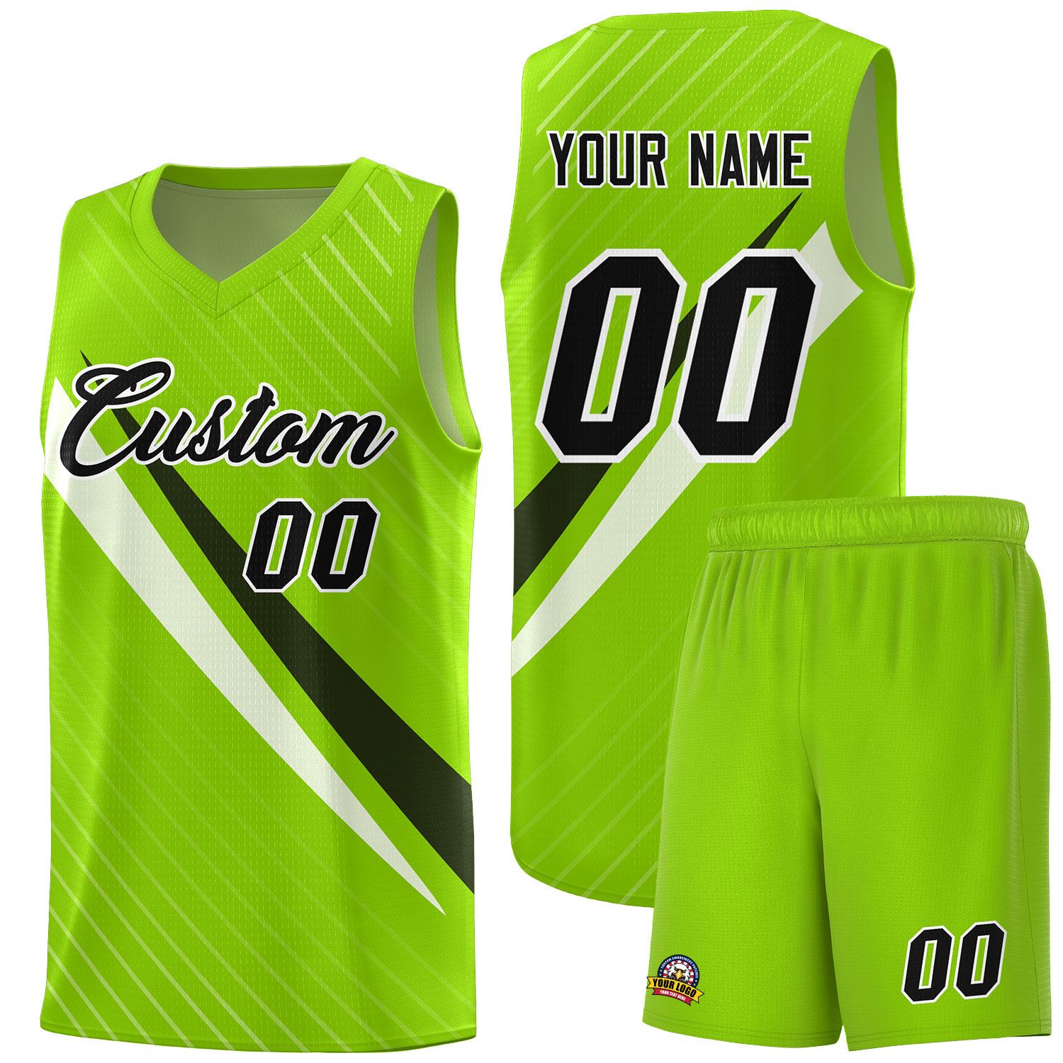 Custom Neon Green Diagonal Pinstripe Pattern Color Block Sports Uniform Basketball Jersey