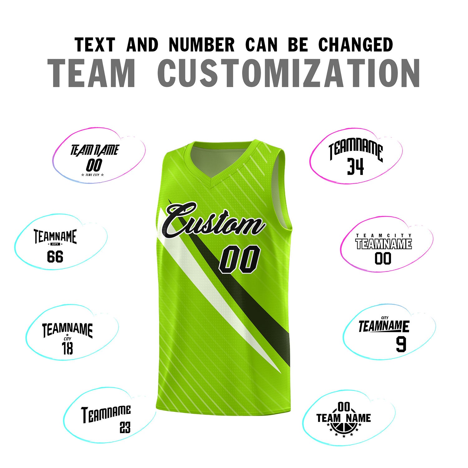 Custom Neon Green Diagonal Pinstripe Pattern Color Block Sports Uniform Basketball Jersey