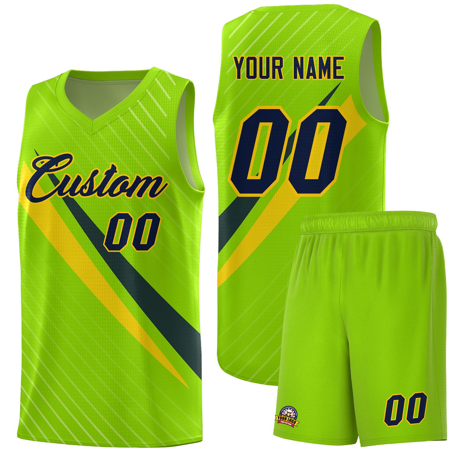 Custom Neon Green Diagonal Pinstripe Pattern Color Block Sports Uniform Basketball Jersey