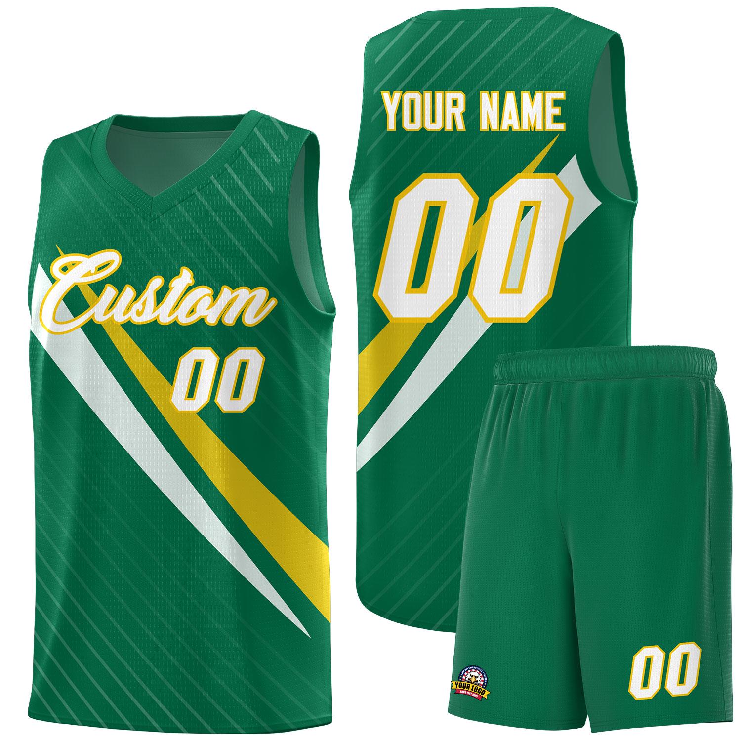 Custom Kelly Green Diagonal Pinstripe Pattern Color Block Sports Uniform Basketball Jersey