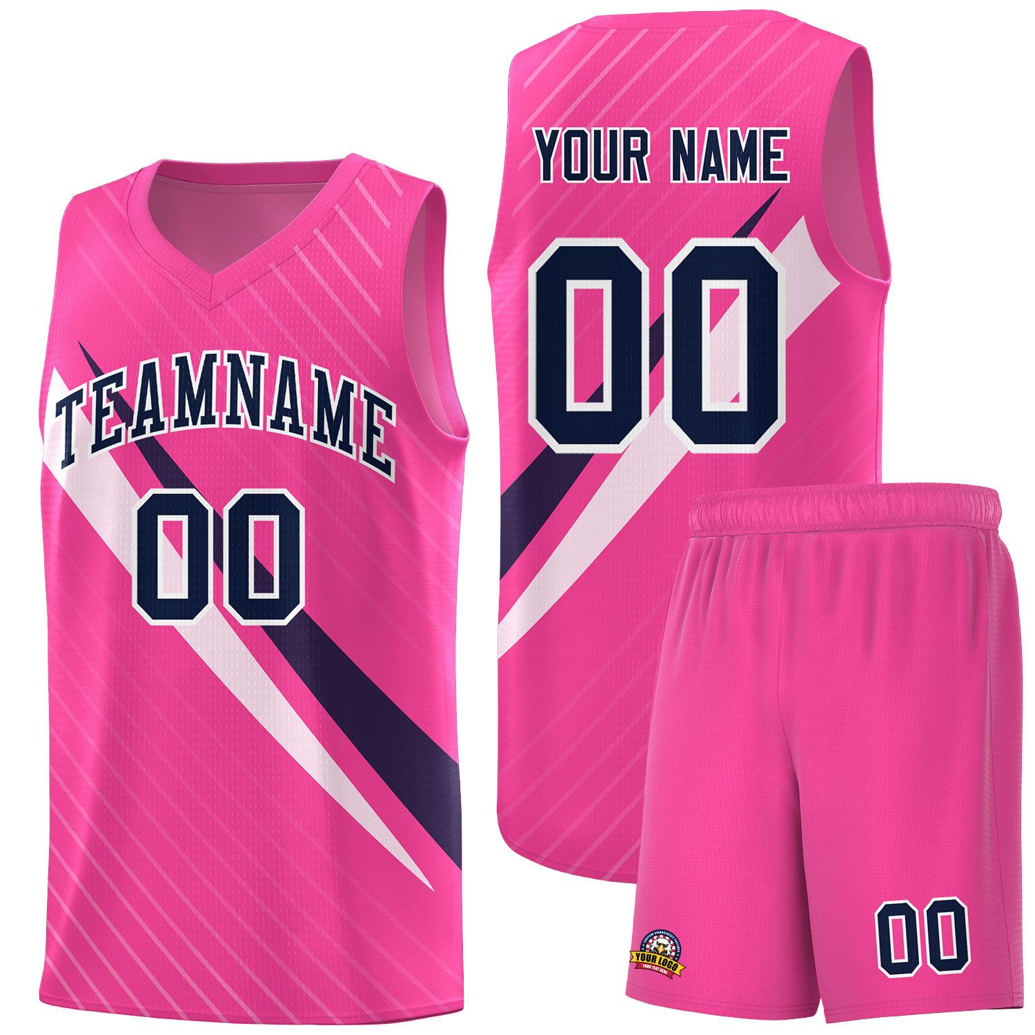 Custom Pink Diagonal Pinstripe Pattern Color Block Sports Uniform Basketball Jersey