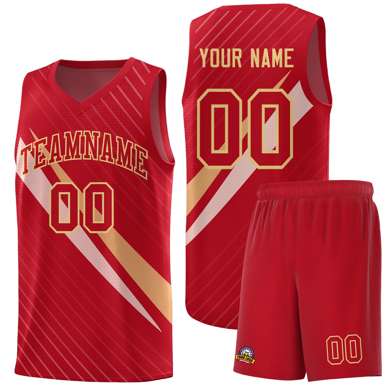 Custom Red Diagonal Pinstripe Pattern Color Block Sports Uniform Basketball Jersey