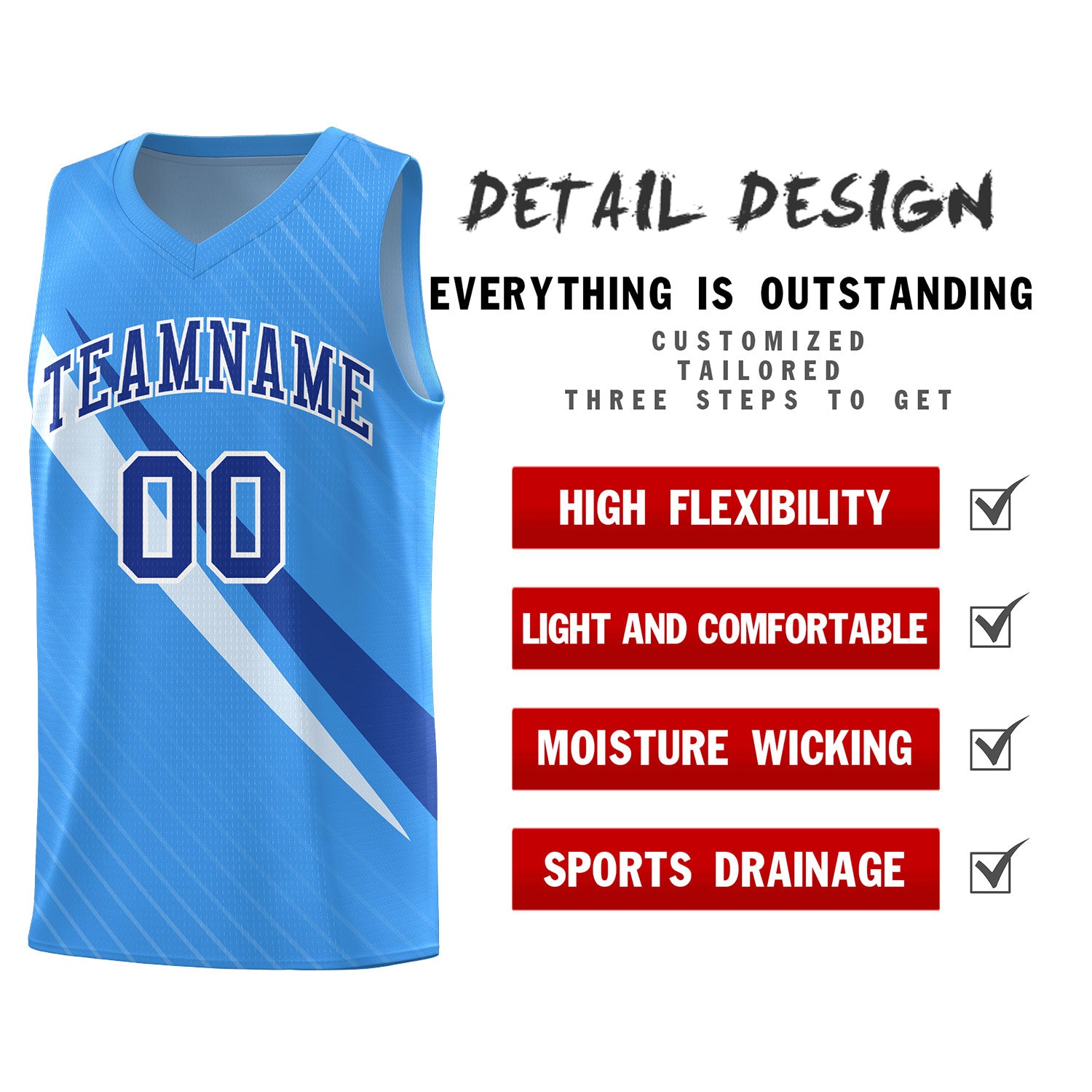 Custom Light Blue Diagonal Pinstripe Pattern Color Block Sports Uniform Basketball Jersey