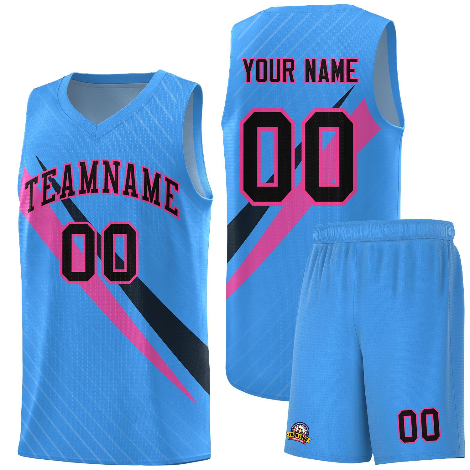 Custom Light Blue Diagonal Pinstripe Pattern Color Block Sports Uniform Basketball Jersey