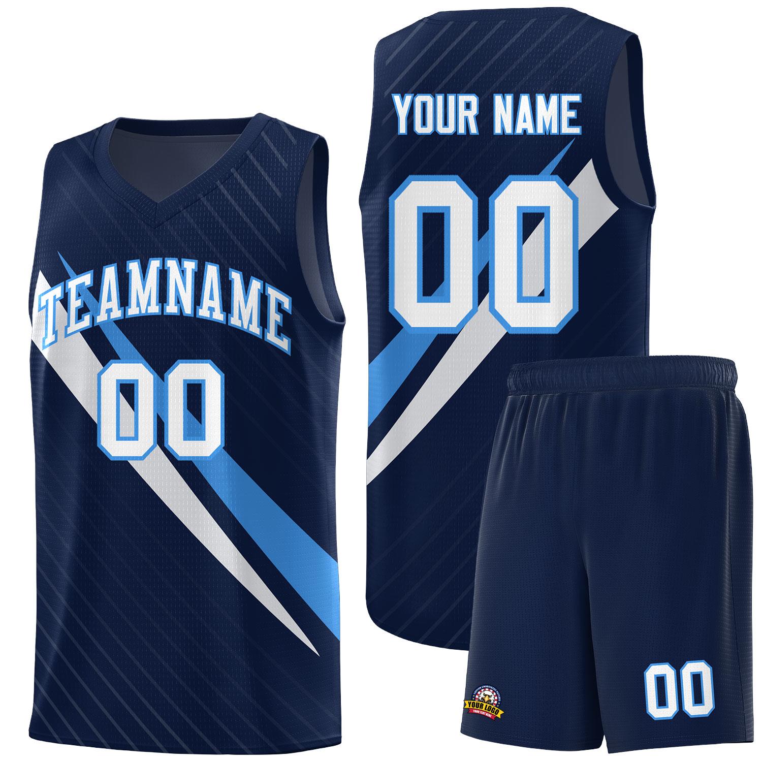 Custom Navy Diagonal Pinstripe Pattern Color Block Sports Uniform Basketball Jersey