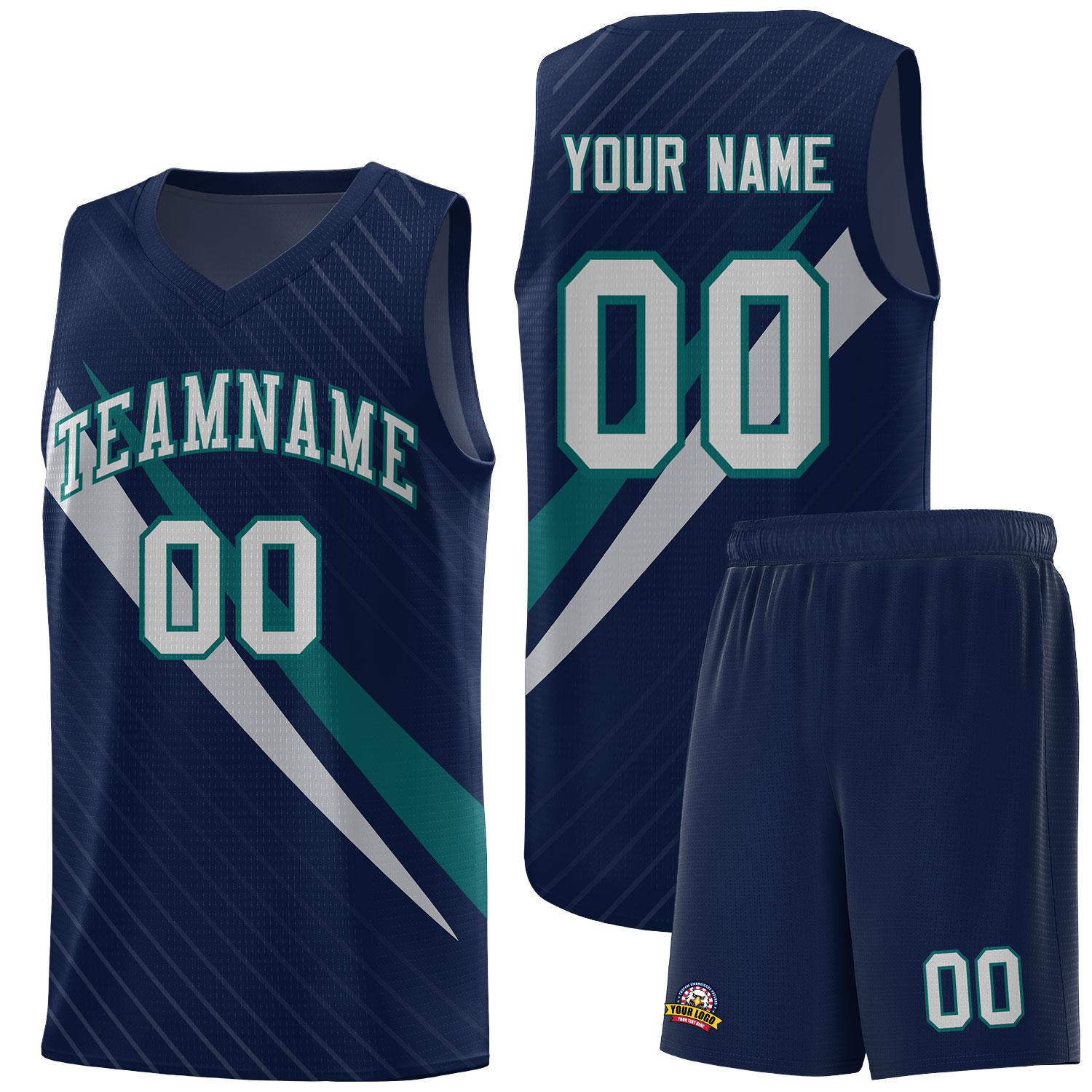 Custom Navy Diagonal Pinstripe Pattern Color Block Sports Uniform Basketball Jersey