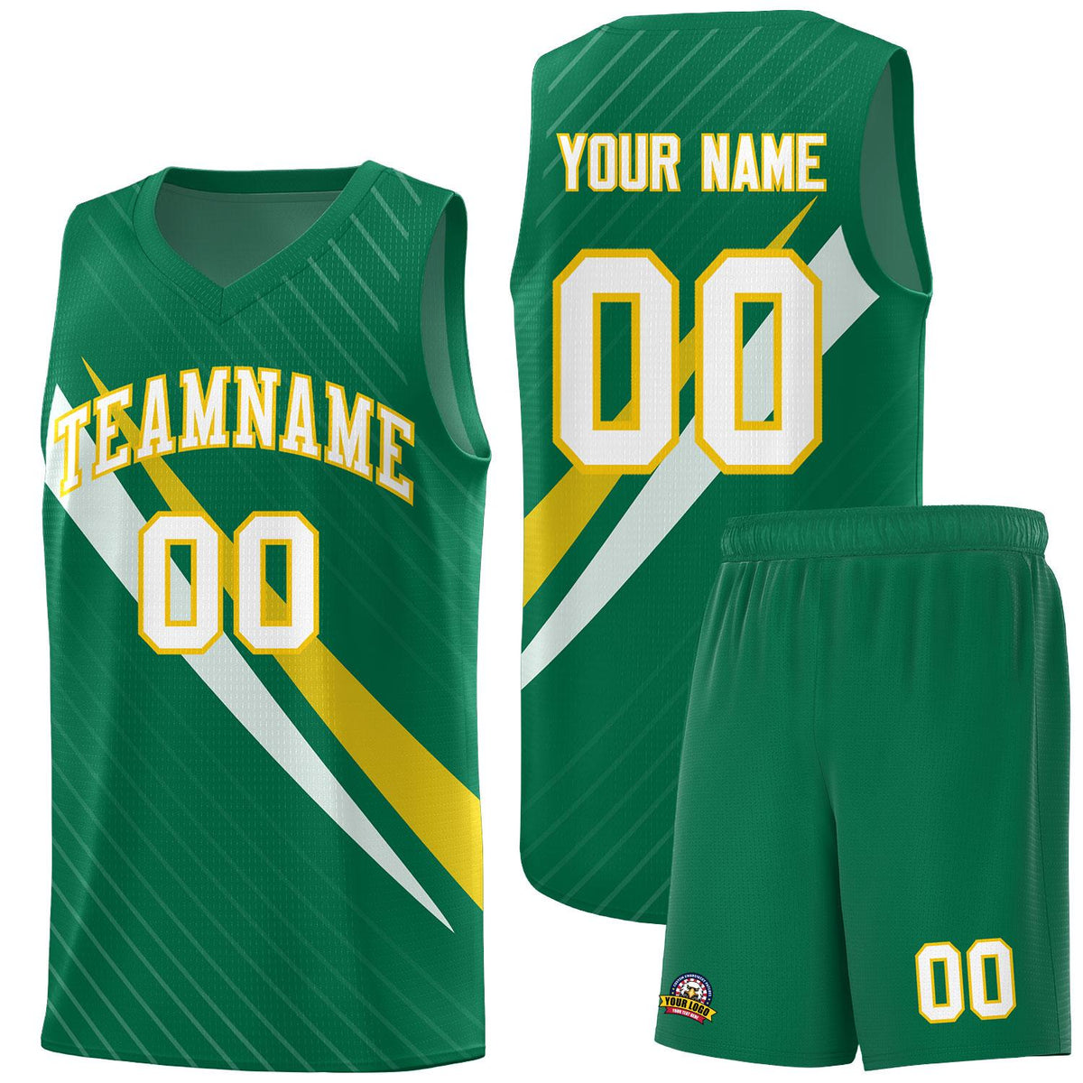 Custom Kelly Green Diagonal Pinstripe Pattern Color Block Sports Uniform Basketball Jersey