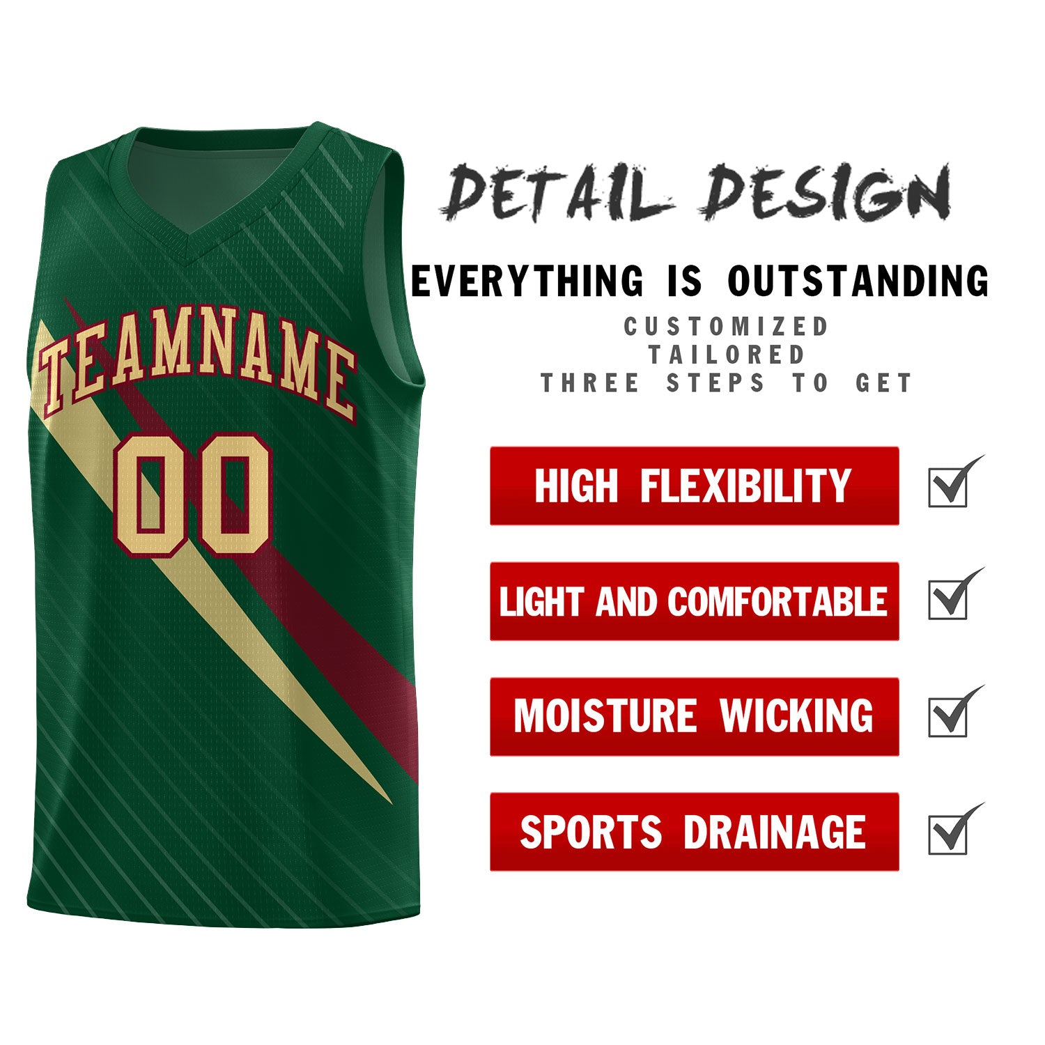 Custom Hunter Green Diagonal Pinstripe Pattern Color Block Sports Uniform Basketball Jersey