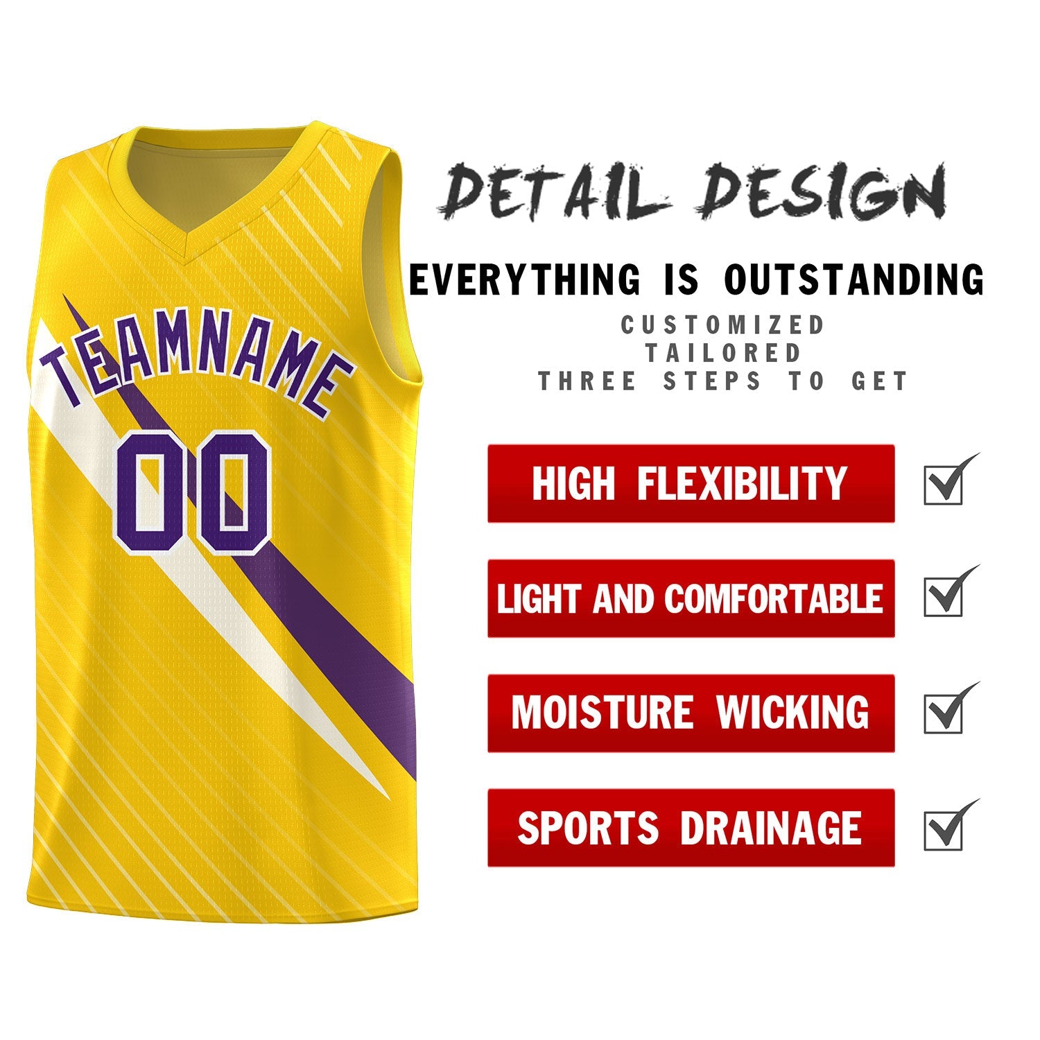 Custom Gold Diagonal Pinstripe Pattern Color Block Sports Uniform Basketball Jersey