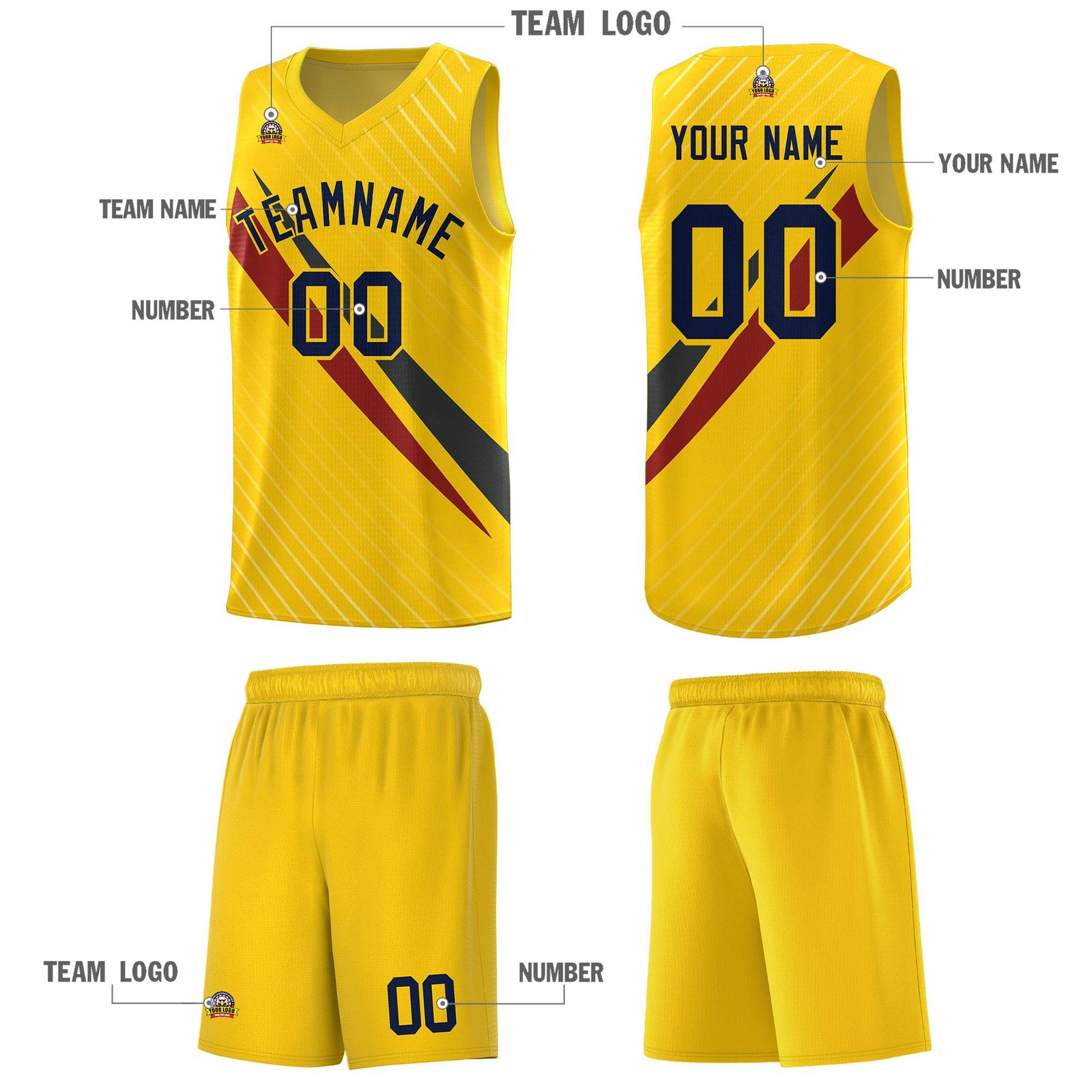 Custom Gold Diagonal Pinstripe Pattern Color Block Sports Uniform Basketball Jersey