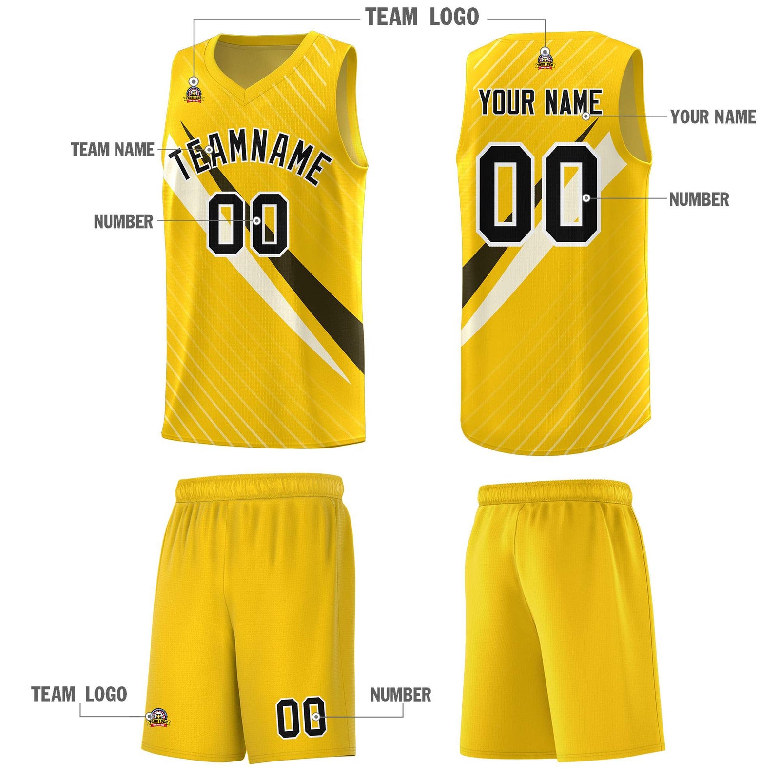 Custom Gold Diagonal Pinstripe Pattern Color Block Sports Uniform Basketball Jersey
