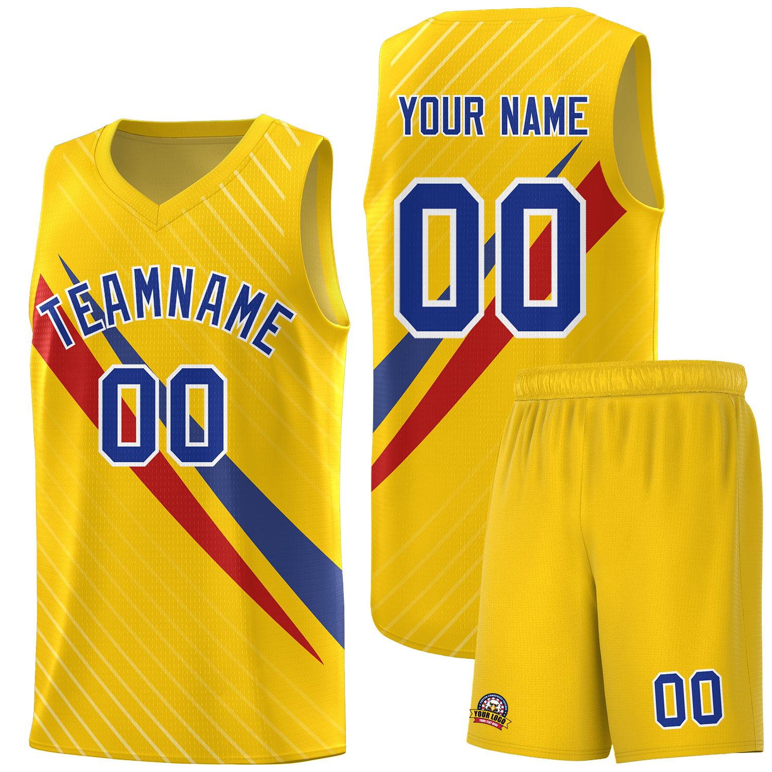 Custom Gold Diagonal Pinstripe Pattern Color Block Sports Uniform Basketball Jersey