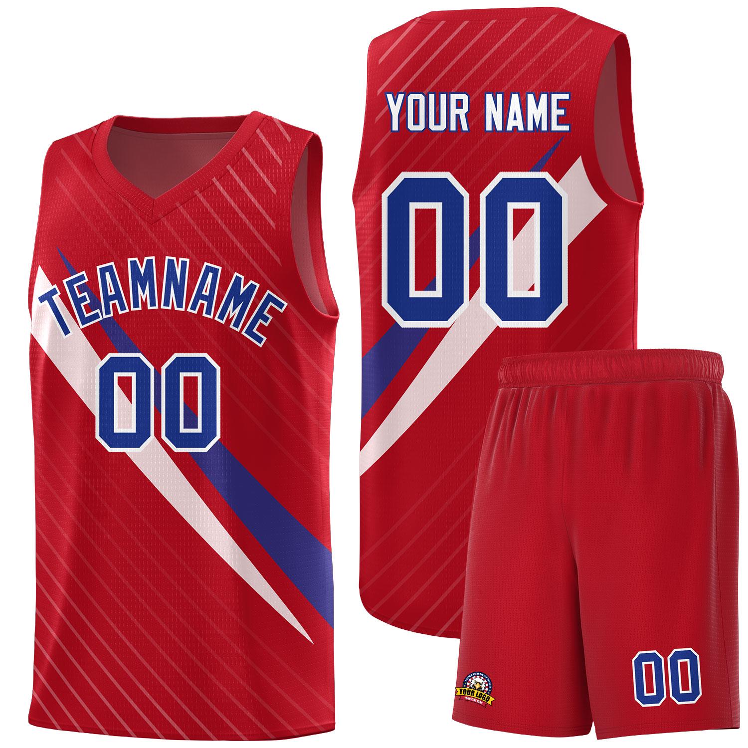 Custom Red Diagonal Pinstripe Pattern Color Block Sports Uniform Basketball Jersey