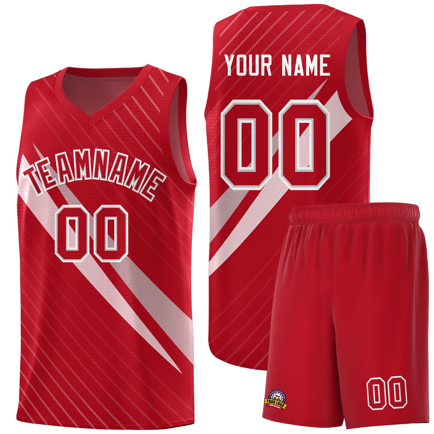 Custom Red Diagonal Pinstripe Pattern Color Block Sports Uniform Basketball Jersey