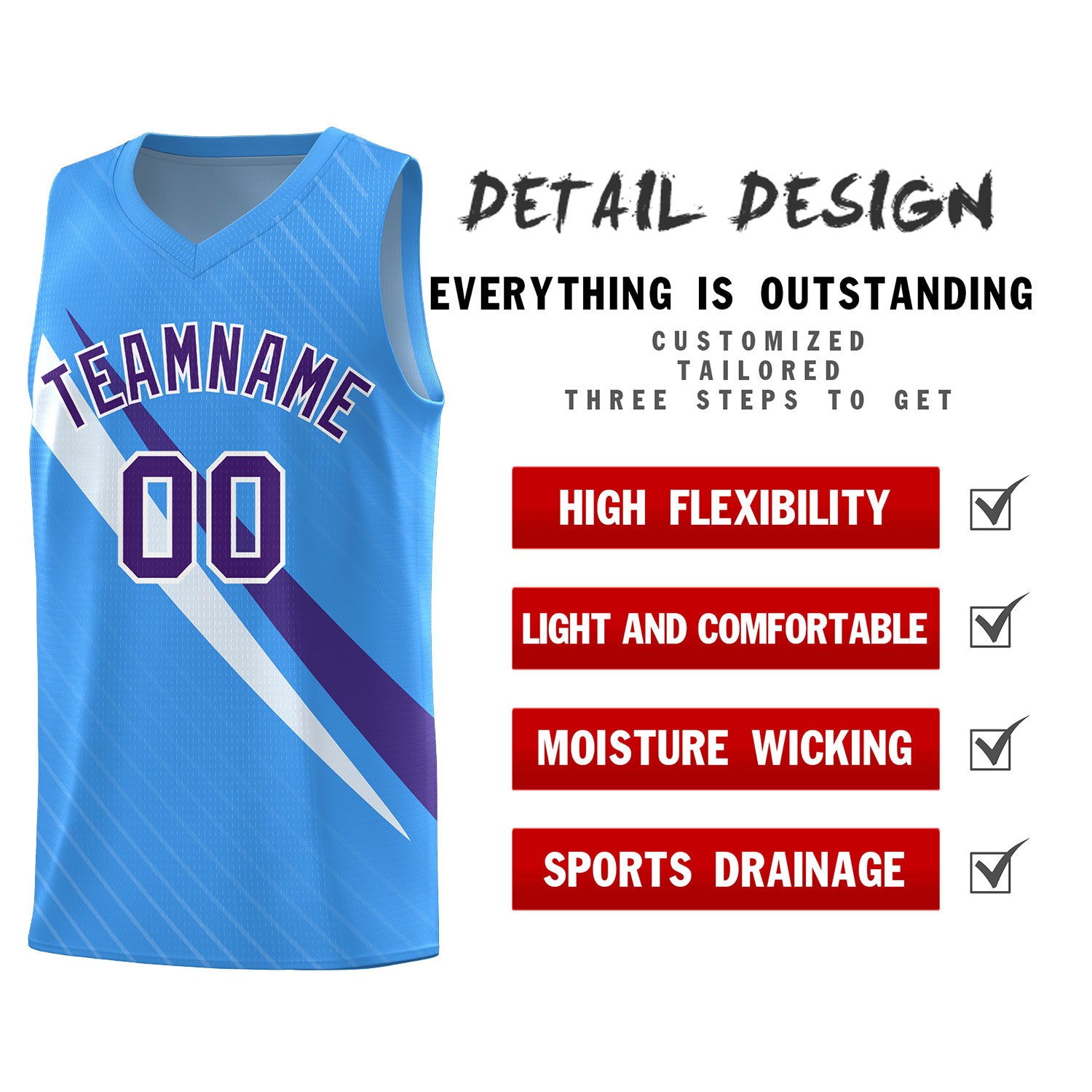 Custom Light Blue Diagonal Pinstripe Pattern Color Block Sports Uniform Basketball Jersey