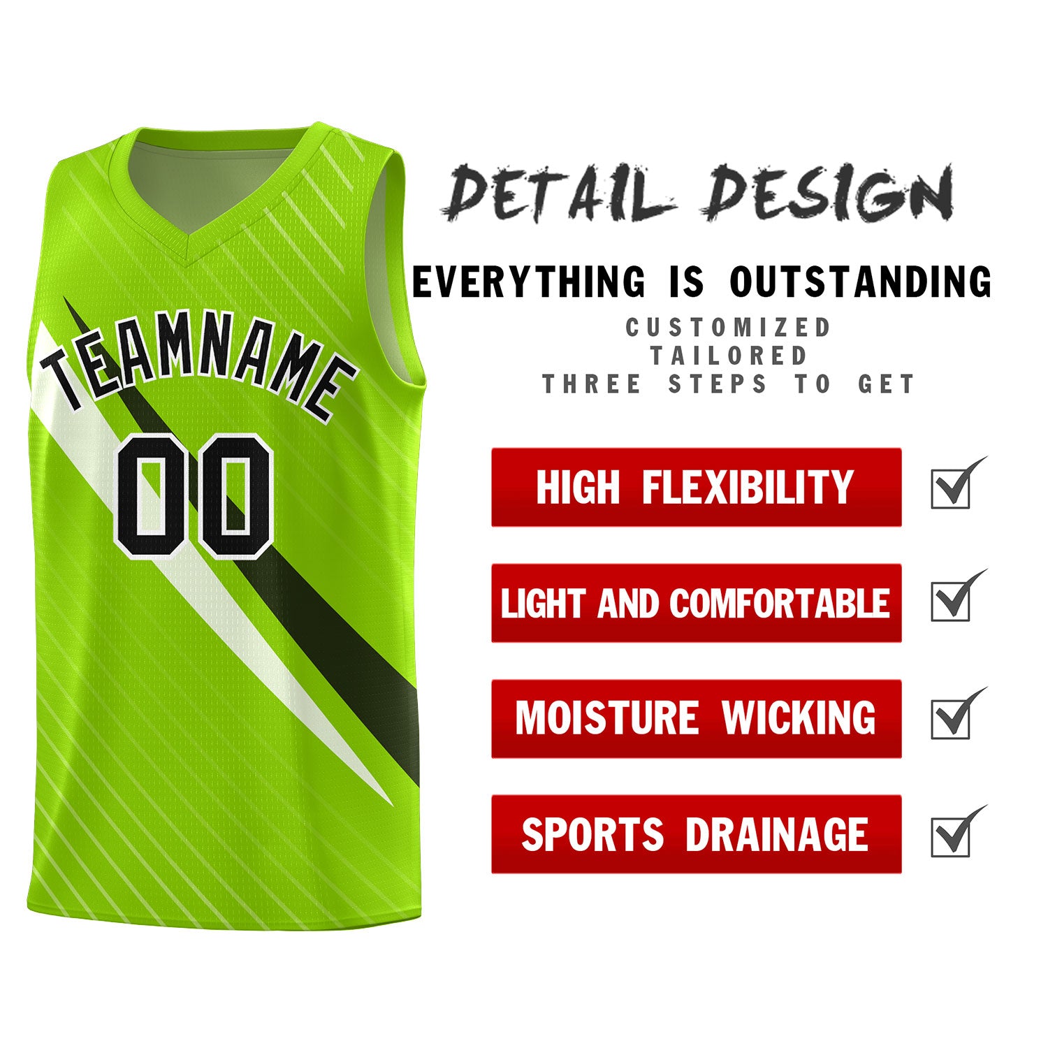 Custom Neon Green Diagonal Pinstripe Pattern Color Block Sports Uniform Basketball Jersey