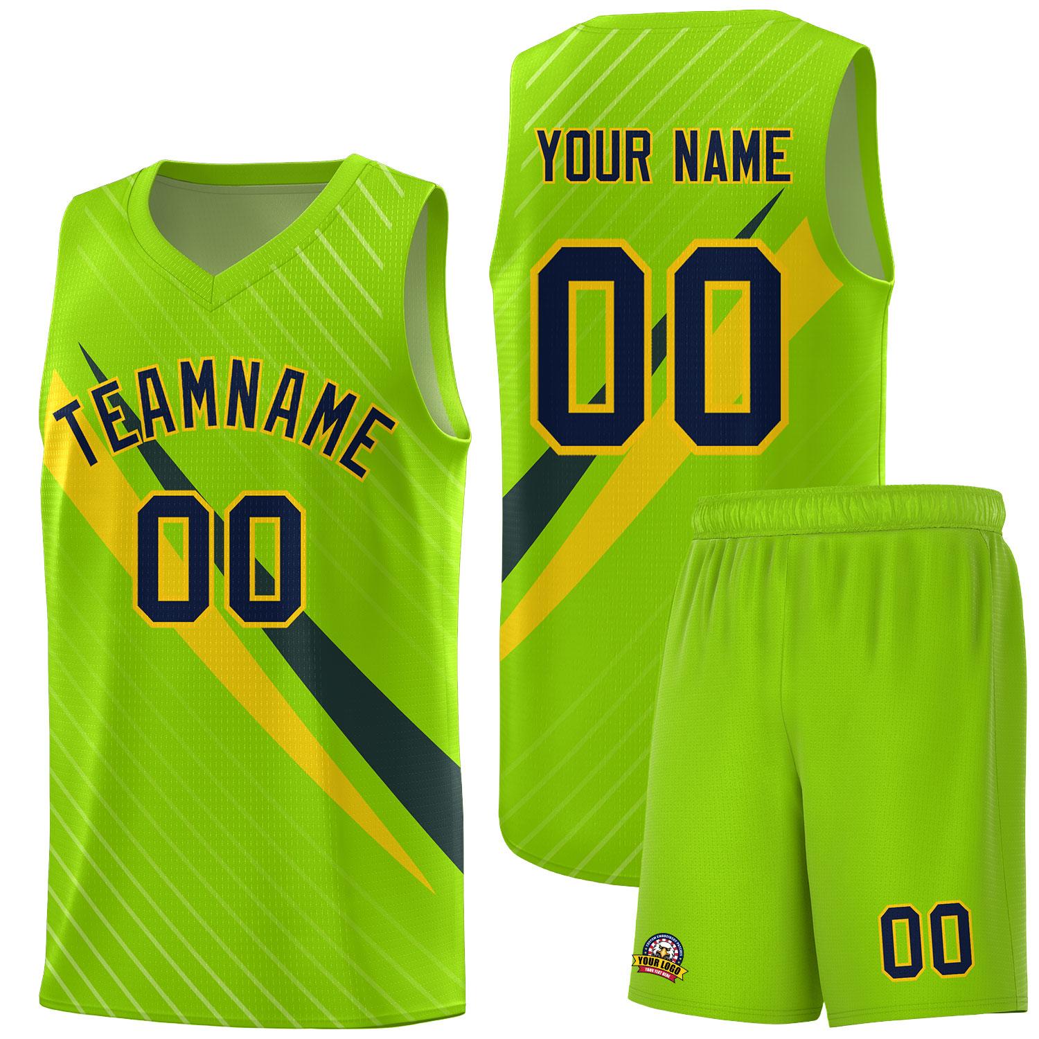 Custom Neon Green Diagonal Pinstripe Pattern Color Block Sports Uniform Basketball Jersey