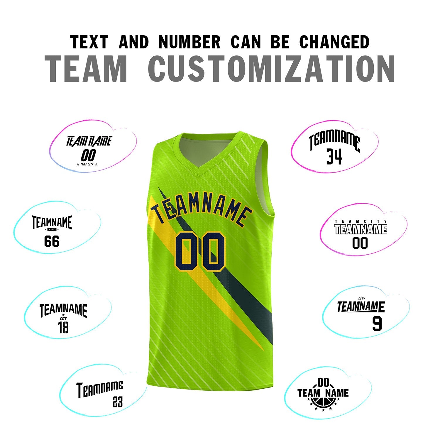 Custom Neon Green Diagonal Pinstripe Pattern Color Block Sports Uniform Basketball Jersey