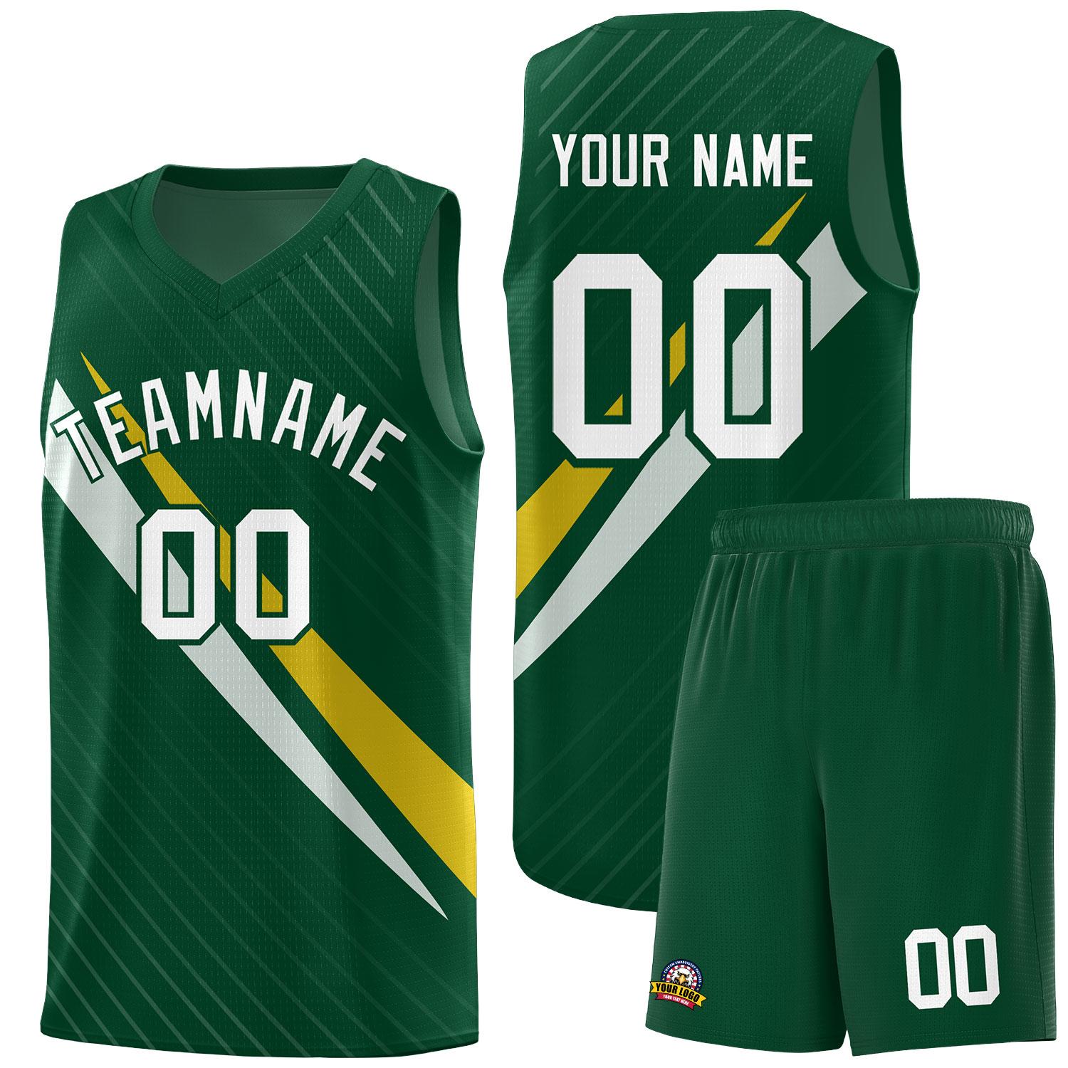 Custom Hunter Green Diagonal Pinstripe Pattern Color Block Sports Uniform Basketball Jersey
