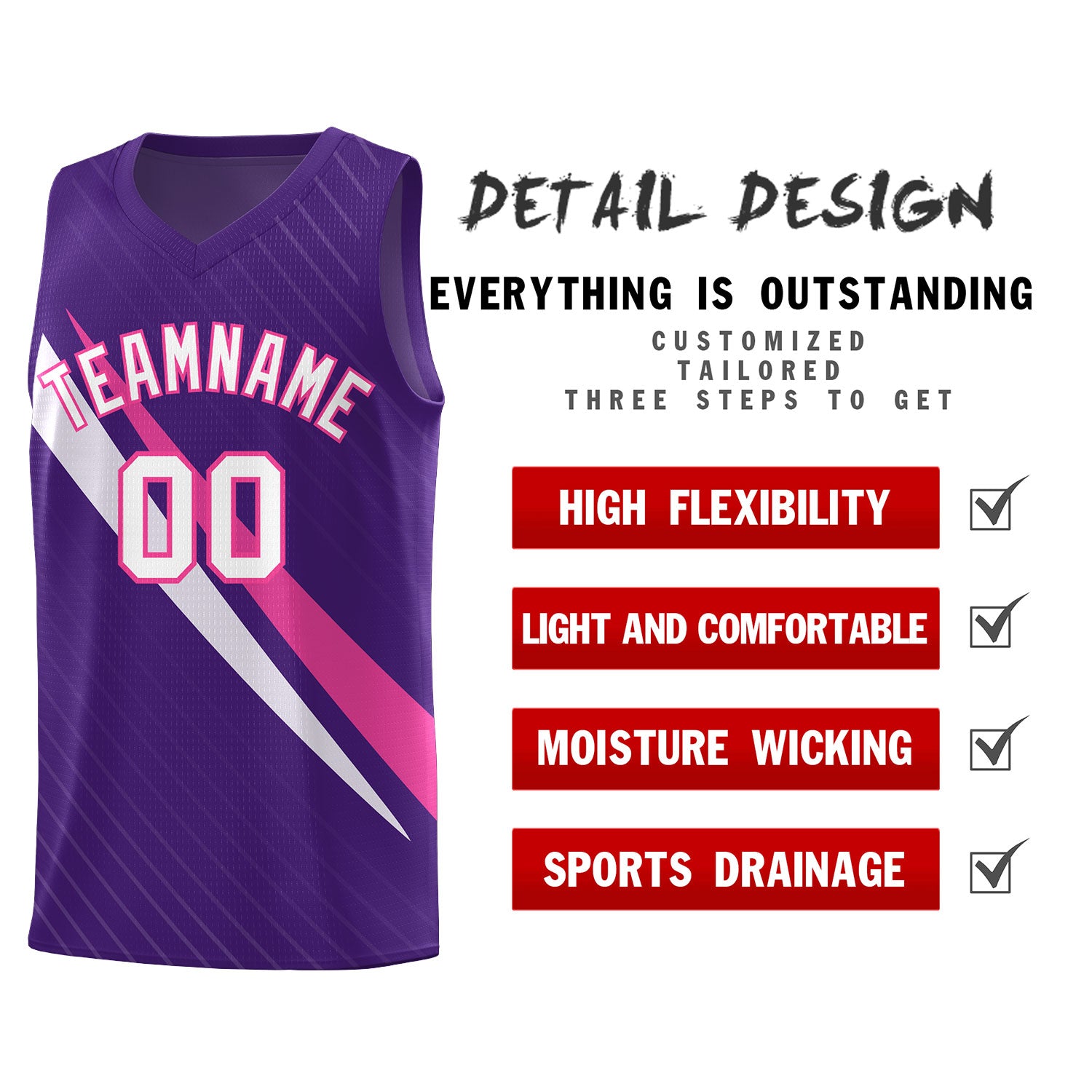 Custom Purple Diagonal Pinstripe Pattern Color Block Sports Uniform Basketball Jersey