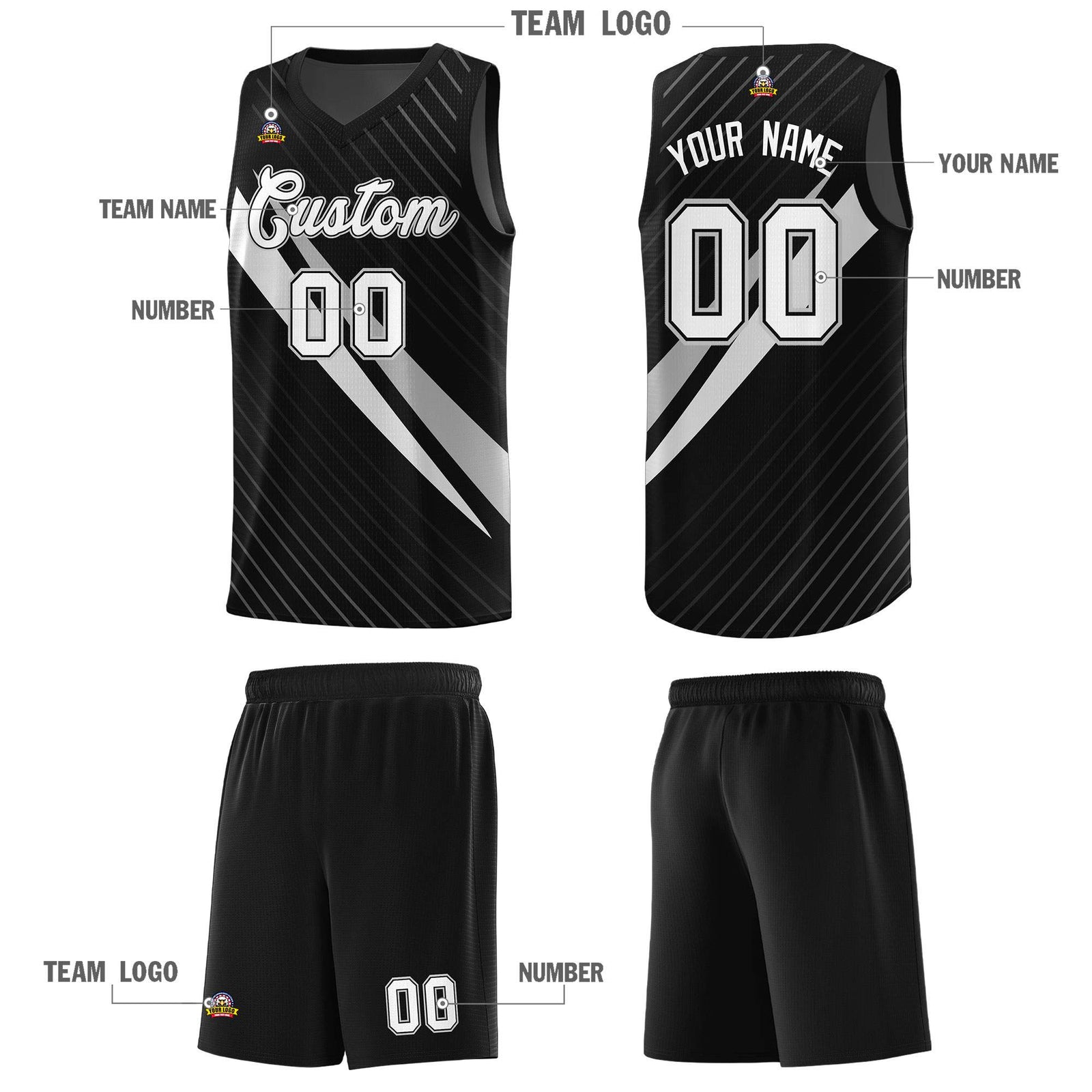 Custom Black Diagonal Pinstripe Pattern Color Block Sports Uniform Basketball Jersey