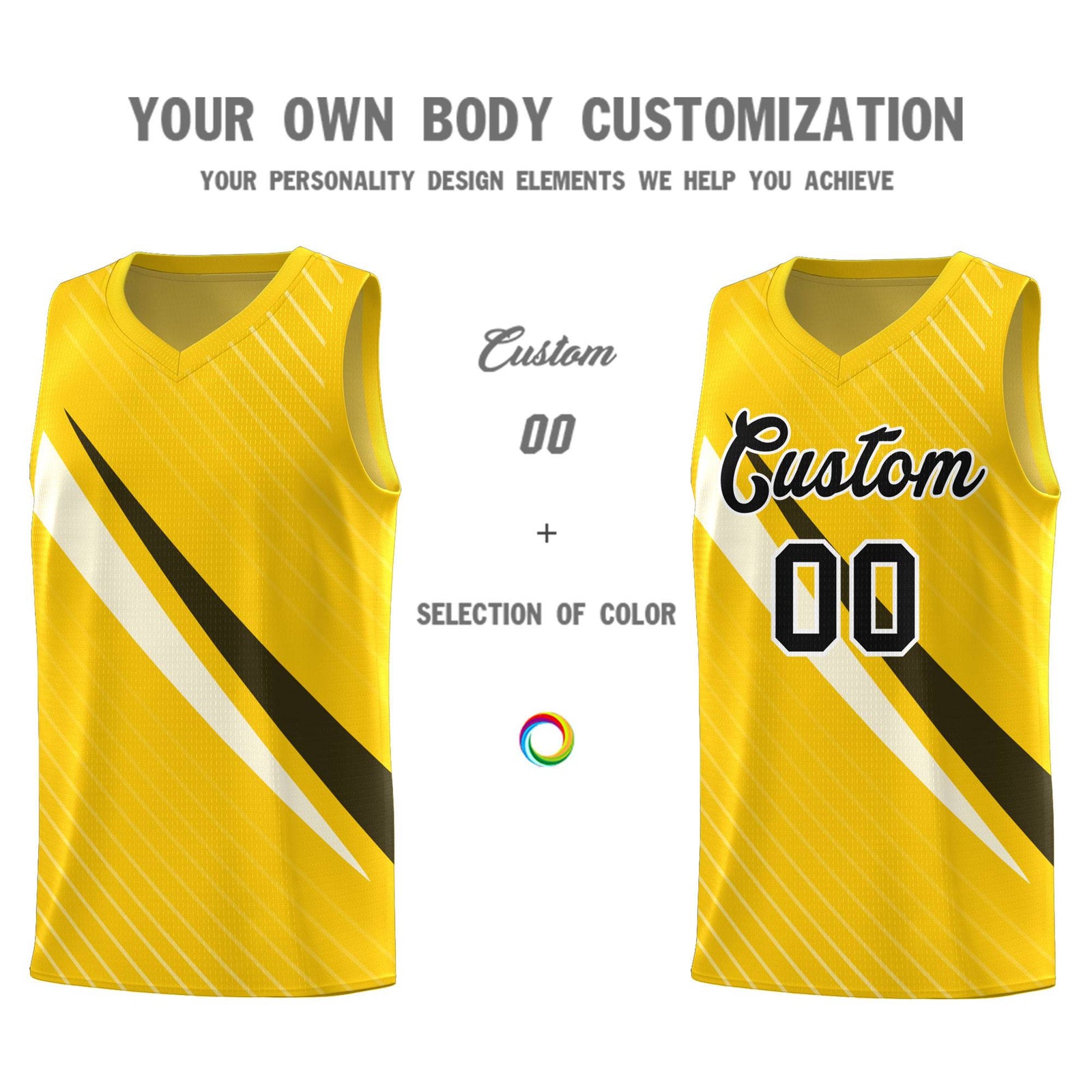 Custom Gold Diagonal Pinstripe Pattern Color Block Sports Uniform Basketball Jersey