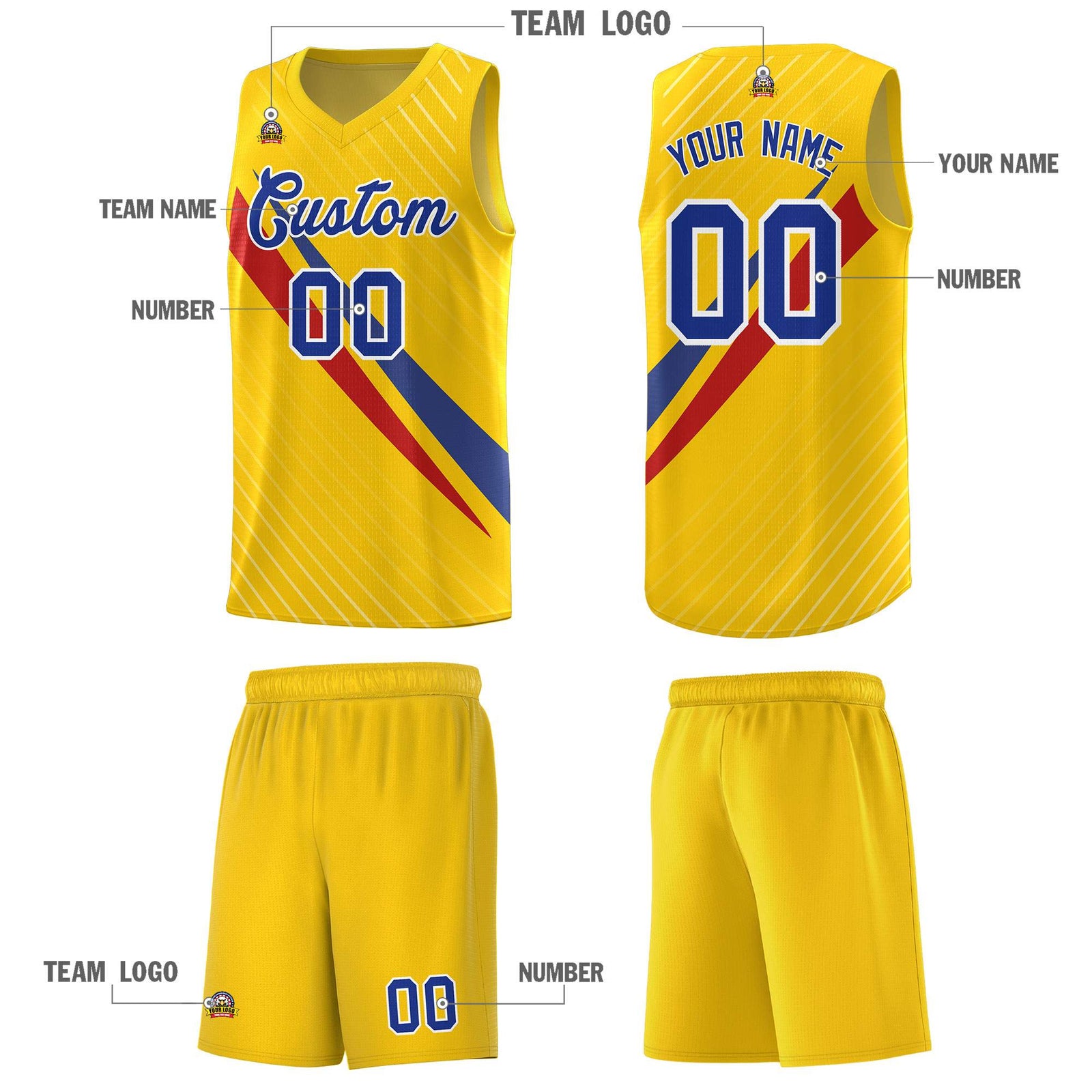 Custom Gold Diagonal Pinstripe Pattern Color Block Sports Uniform Basketball Jersey