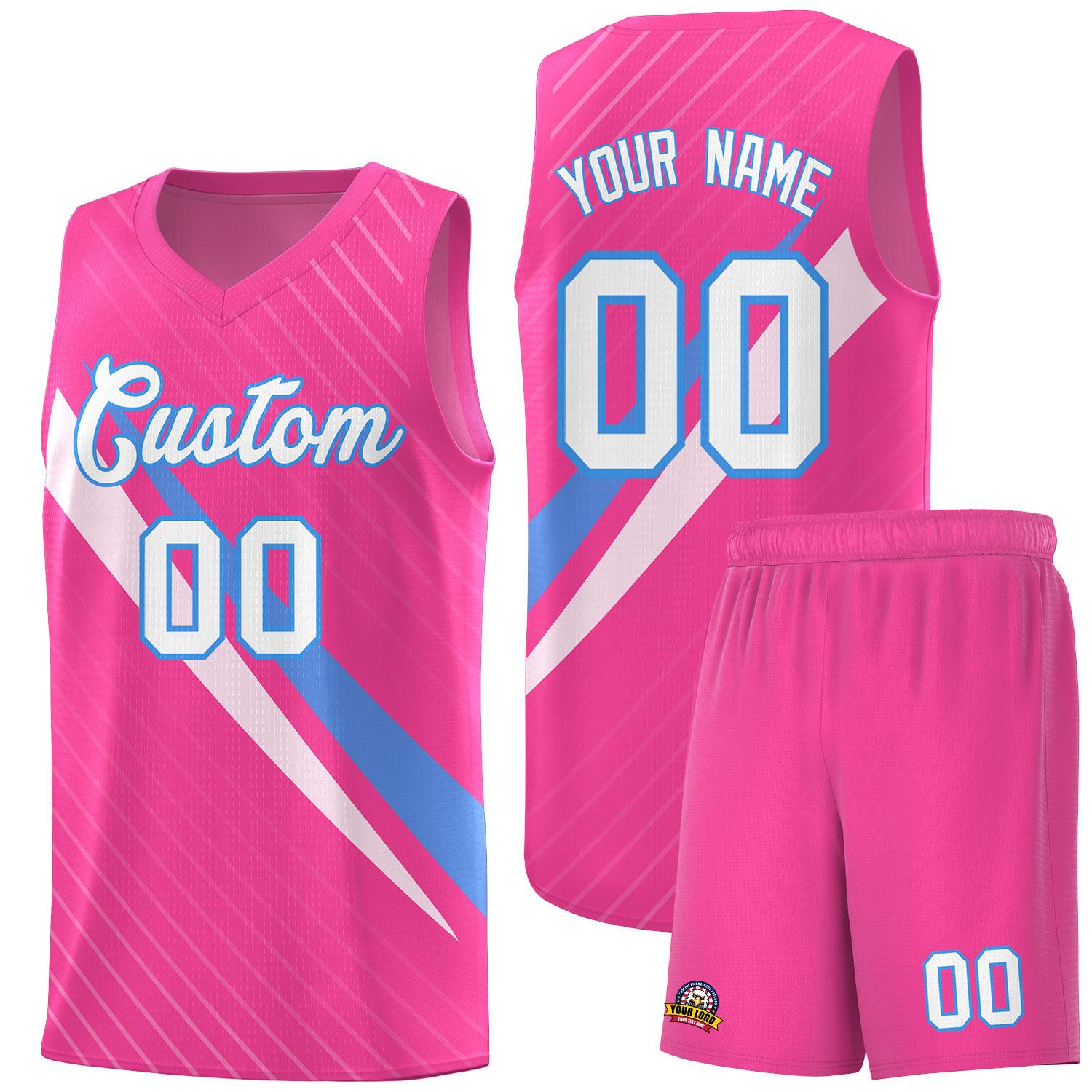 Custom Pink Diagonal Pinstripe Pattern Color Block Sports Uniform Basketball Jersey