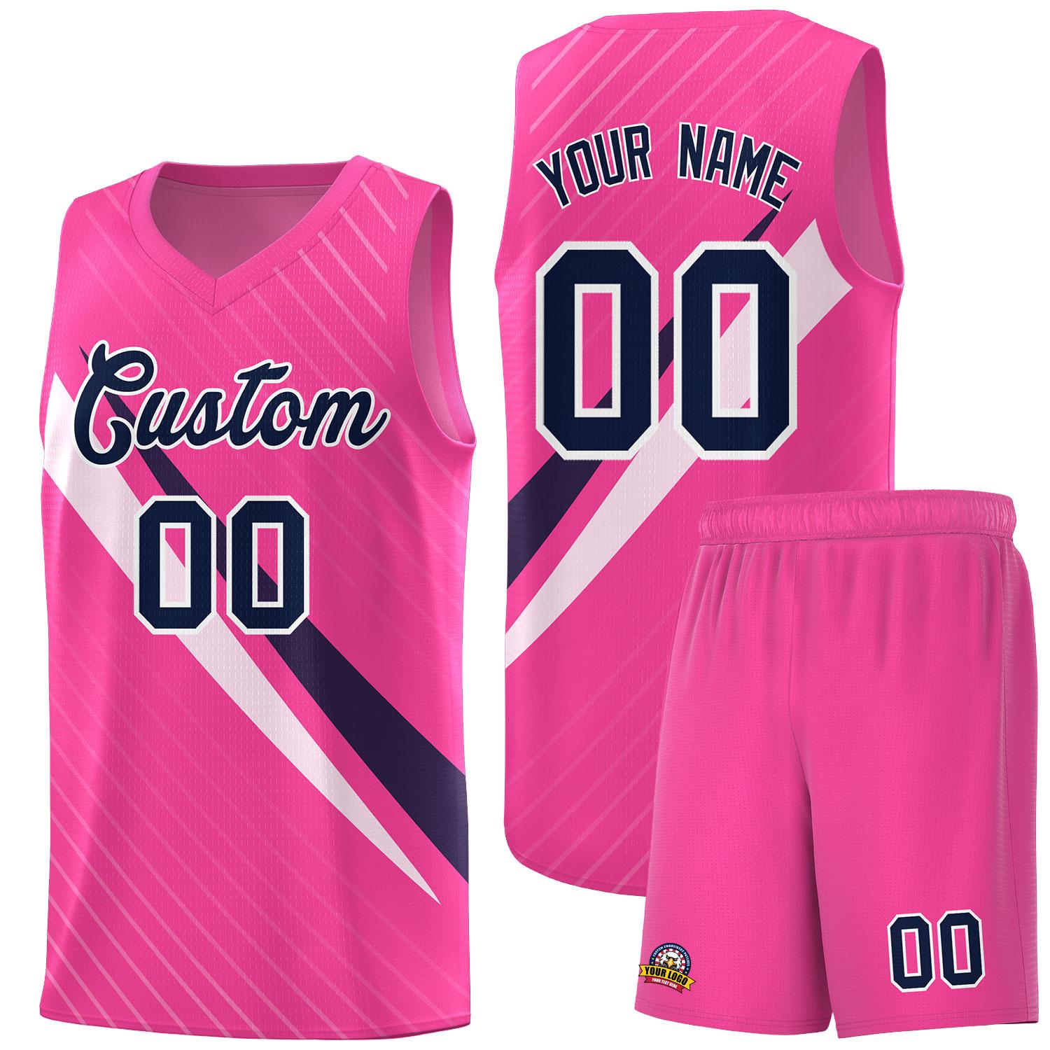 Custom Pink Diagonal Pinstripe Pattern Color Block Sports Uniform Basketball Jersey