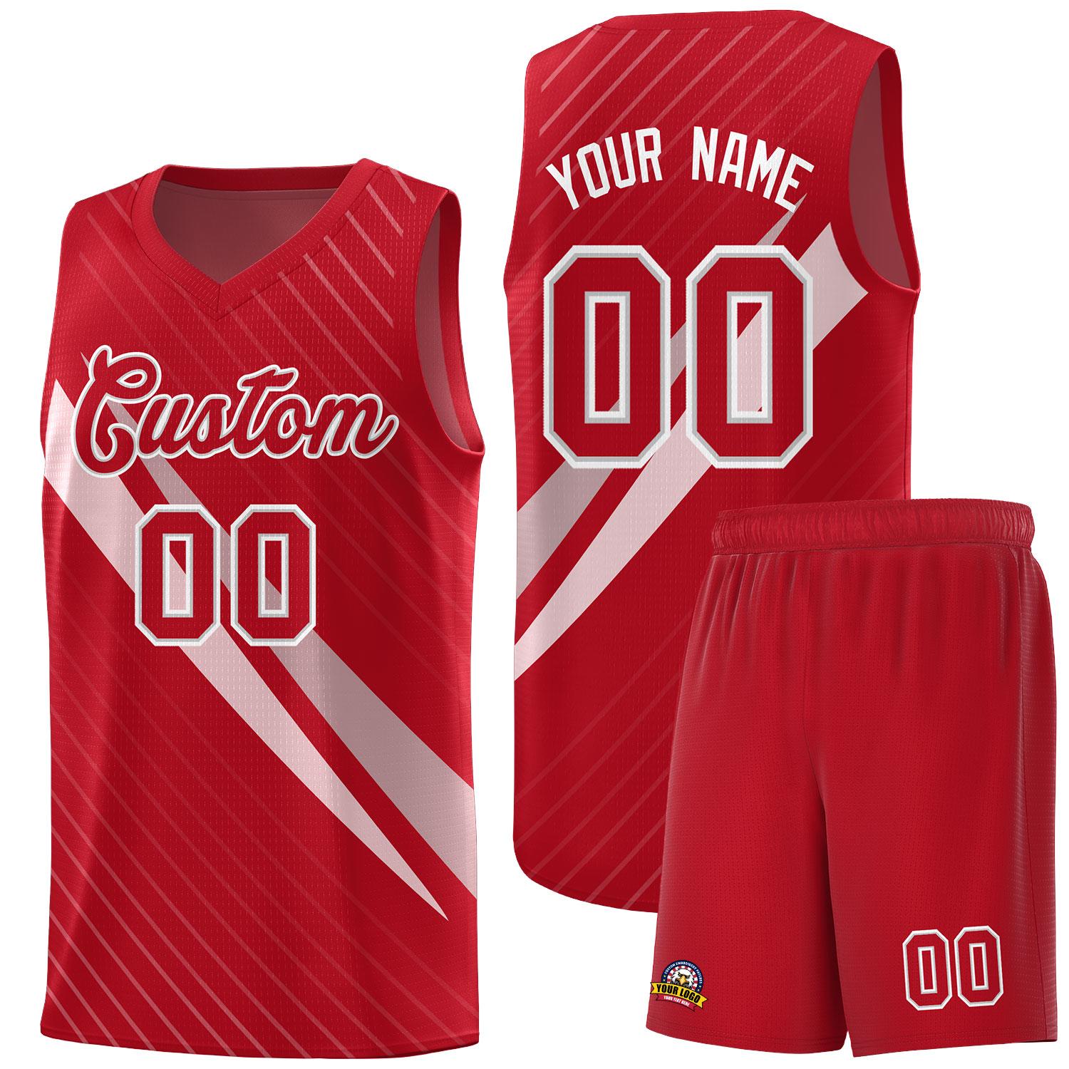 Custom Red Diagonal Pinstripe Pattern Color Block Sports Uniform Basketball Jersey