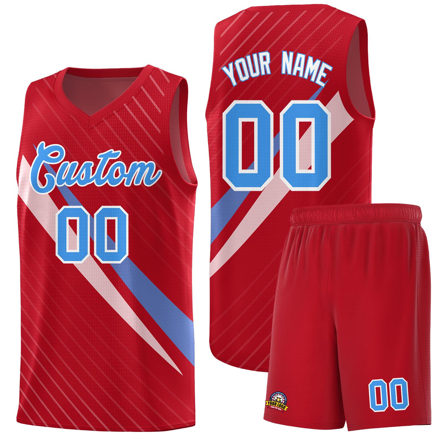 Custom Red Diagonal Pinstripe Pattern Color Block Sports Uniform Basketball Jersey