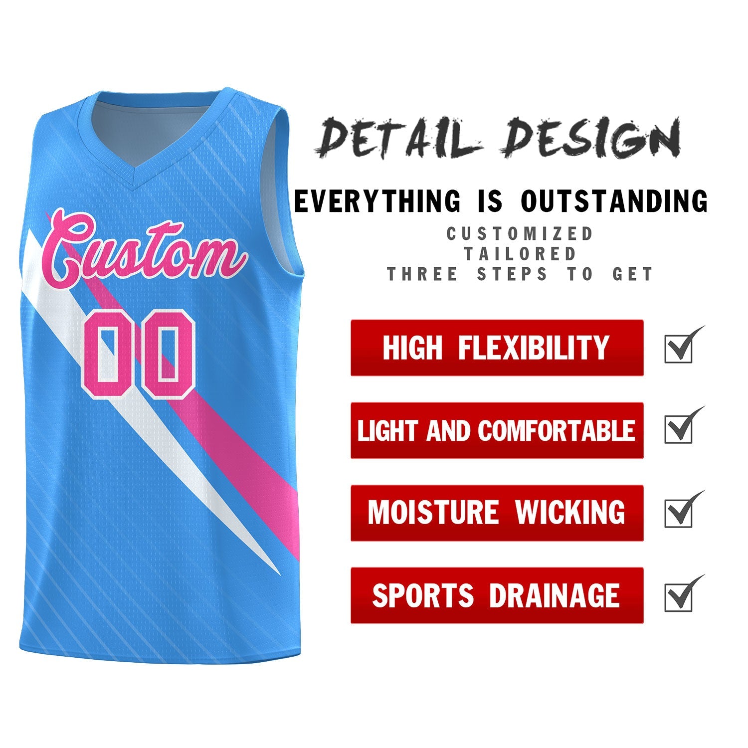 Custom Light Blue Diagonal Pinstripe Pattern Color Block Sports Uniform Basketball Jersey