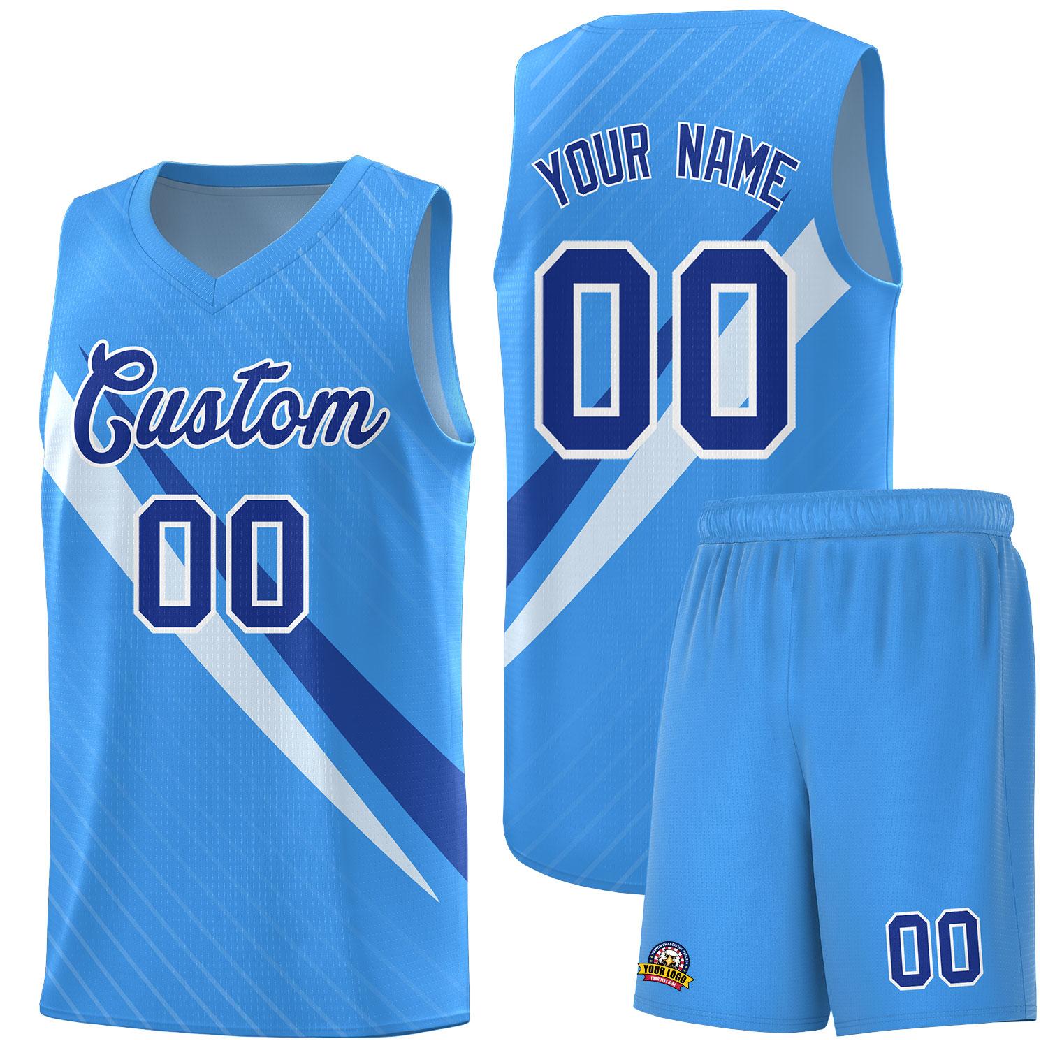 Custom Light Blue Diagonal Pinstripe Pattern Color Block Sports Uniform Basketball Jersey