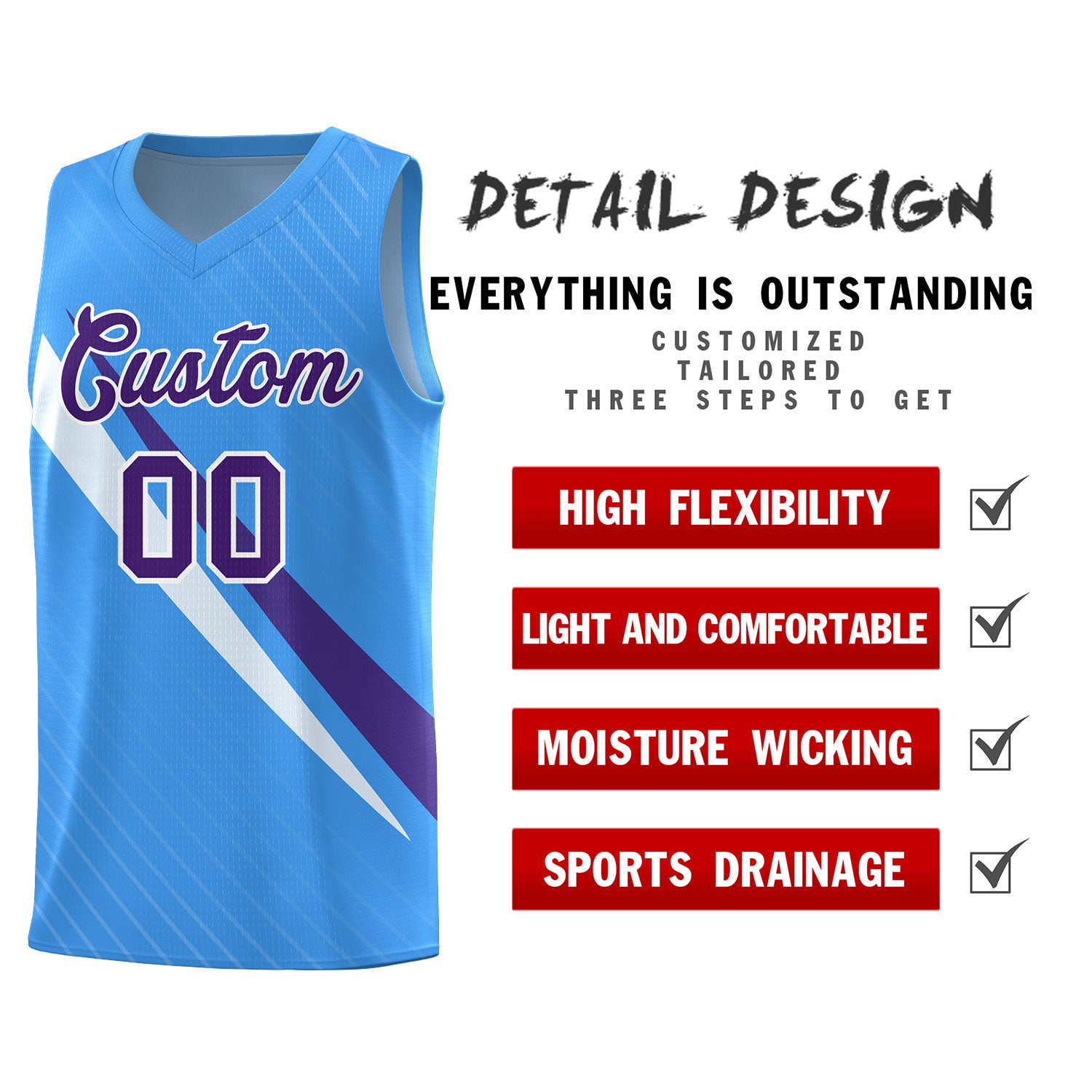 Custom Light Blue Diagonal Pinstripe Pattern Color Block Sports Uniform Basketball Jersey