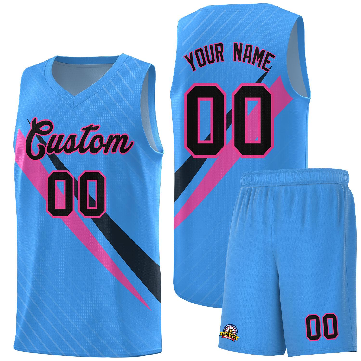 Custom Light Blue Diagonal Pinstripe Pattern Color Block Sports Uniform Basketball Jersey