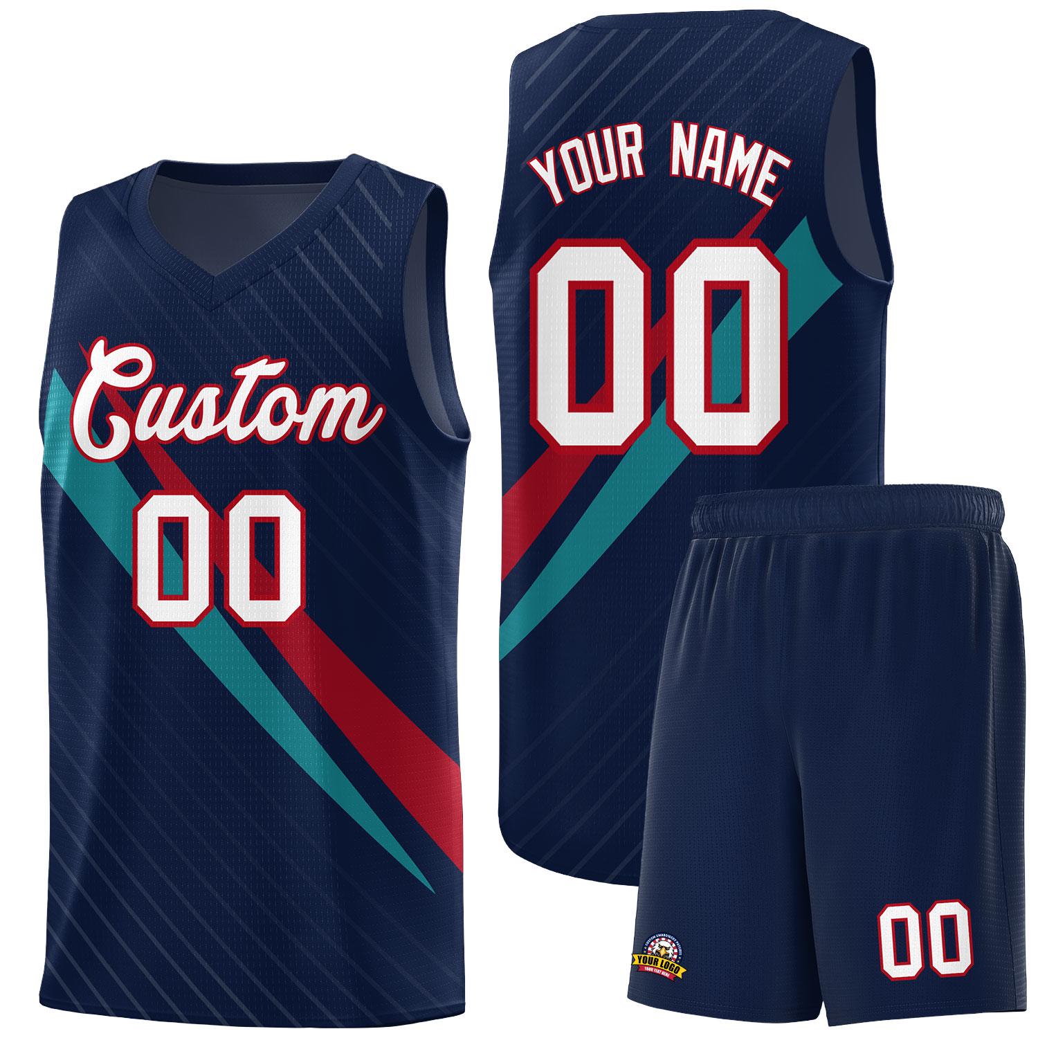 Custom Navy Diagonal Pinstripe Pattern Color Block Sports Uniform Basketball Jersey