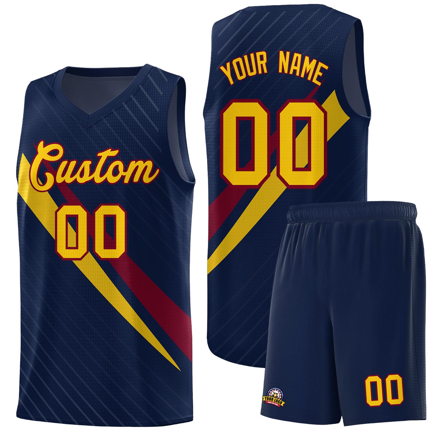 Custom Navy Diagonal Pinstripe Pattern Color Block Sports Uniform Basketball Jersey