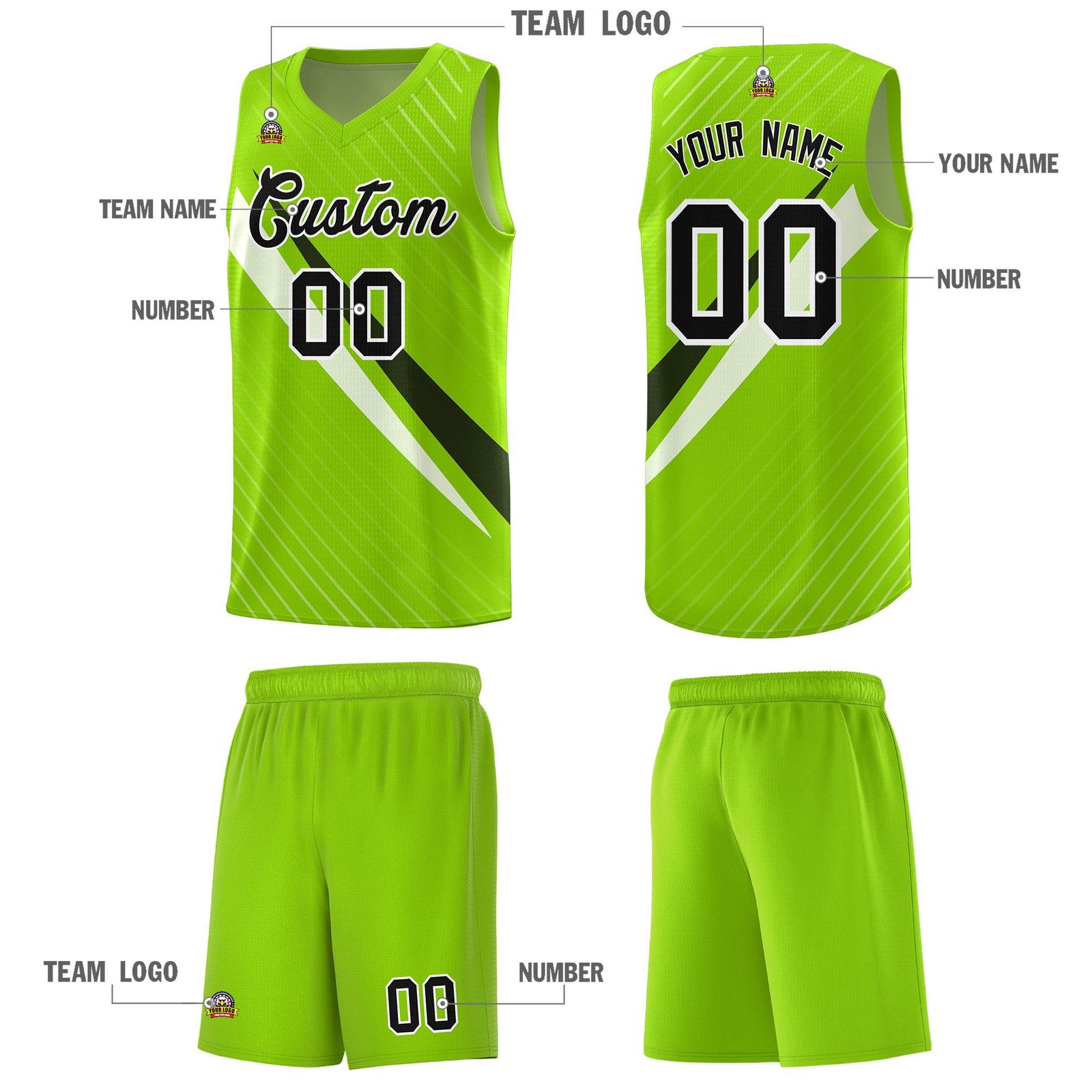 Custom Neon Green Diagonal Pinstripe Pattern Color Block Sports Uniform Basketball Jersey