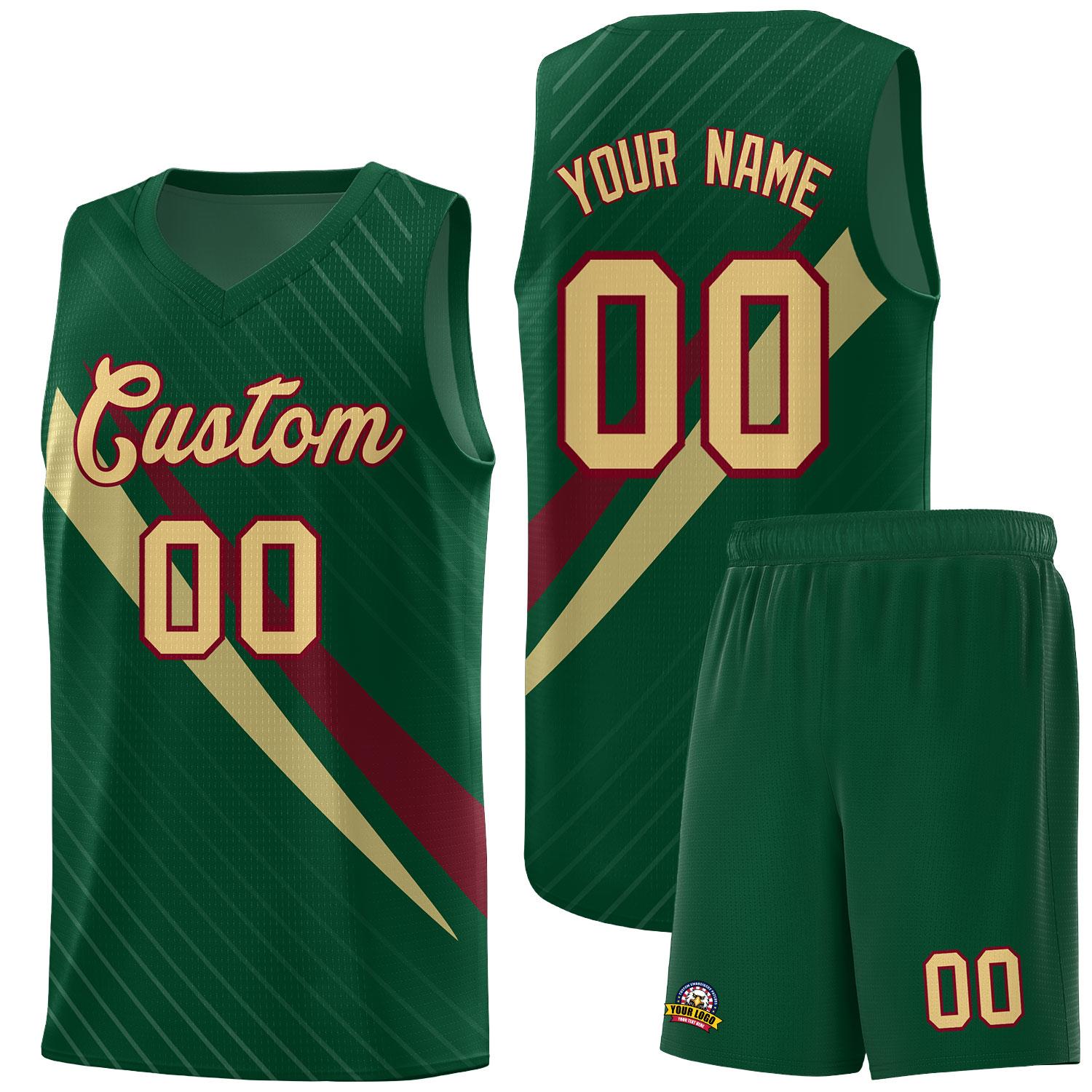 Custom Hunter Green Diagonal Pinstripe Pattern Color Block Sports Uniform Basketball Jersey