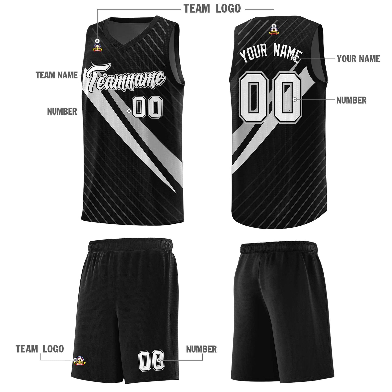 Custom Black Diagonal Pinstripe Pattern Color Block Sports Uniform Basketball Jersey