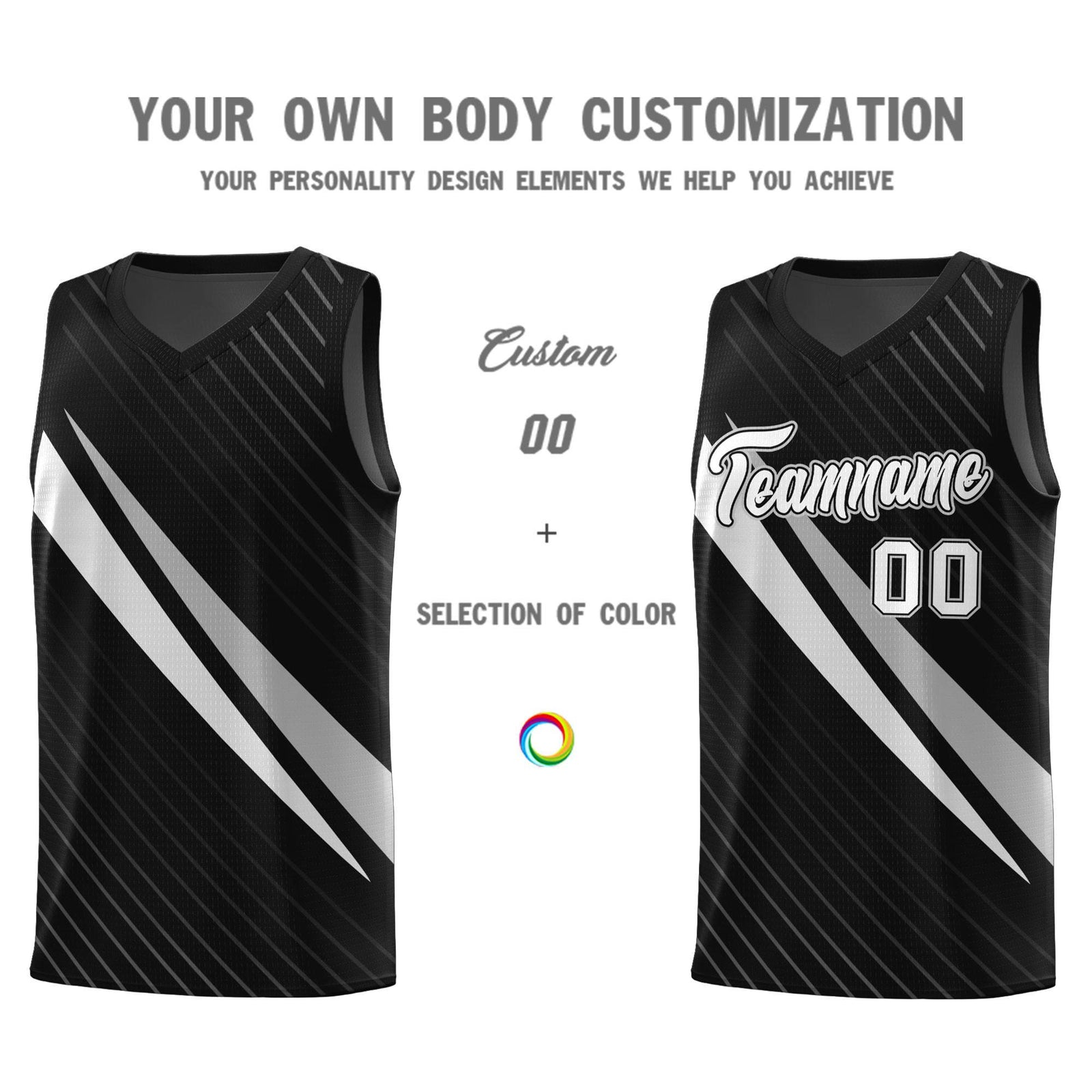 Custom Black Diagonal Pinstripe Pattern Color Block Sports Uniform Basketball Jersey