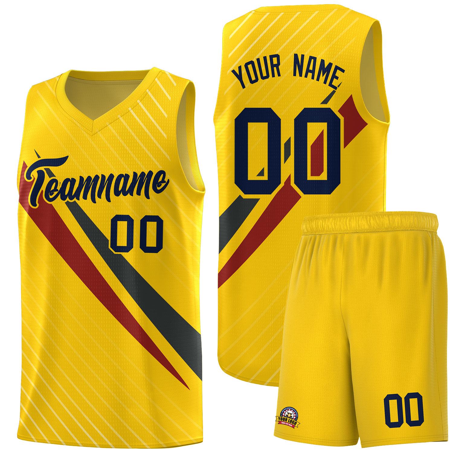 Custom Gold Diagonal Pinstripe Pattern Color Block Sports Uniform Basketball Jersey