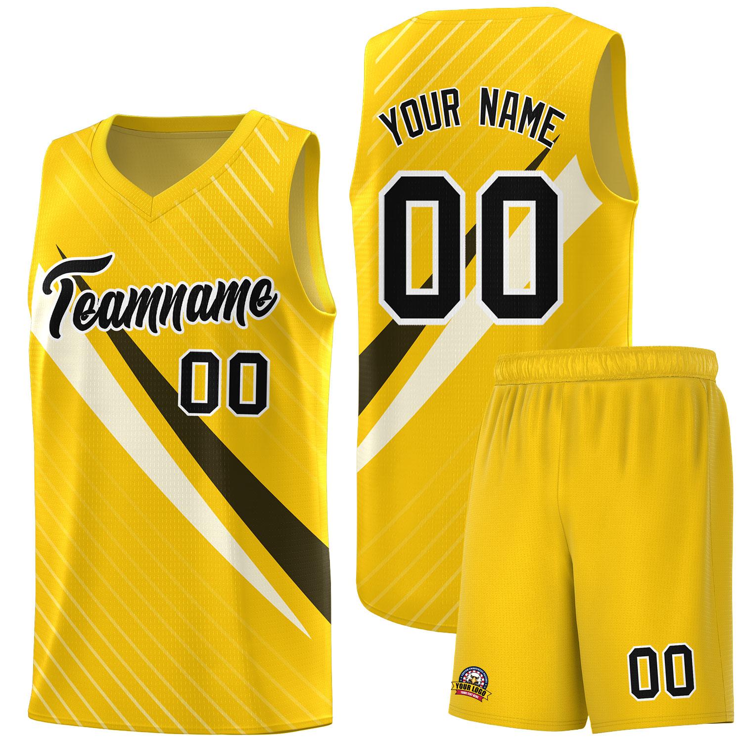 Custom Gold Diagonal Pinstripe Pattern Color Block Sports Uniform Basketball Jersey